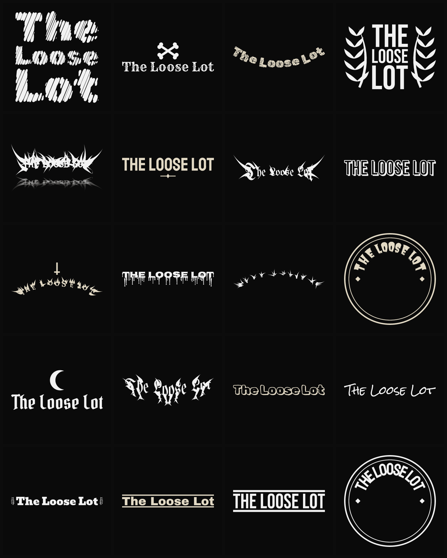 Twenty The Loose Lot band logo ideas — different faces, treatments and spike settings