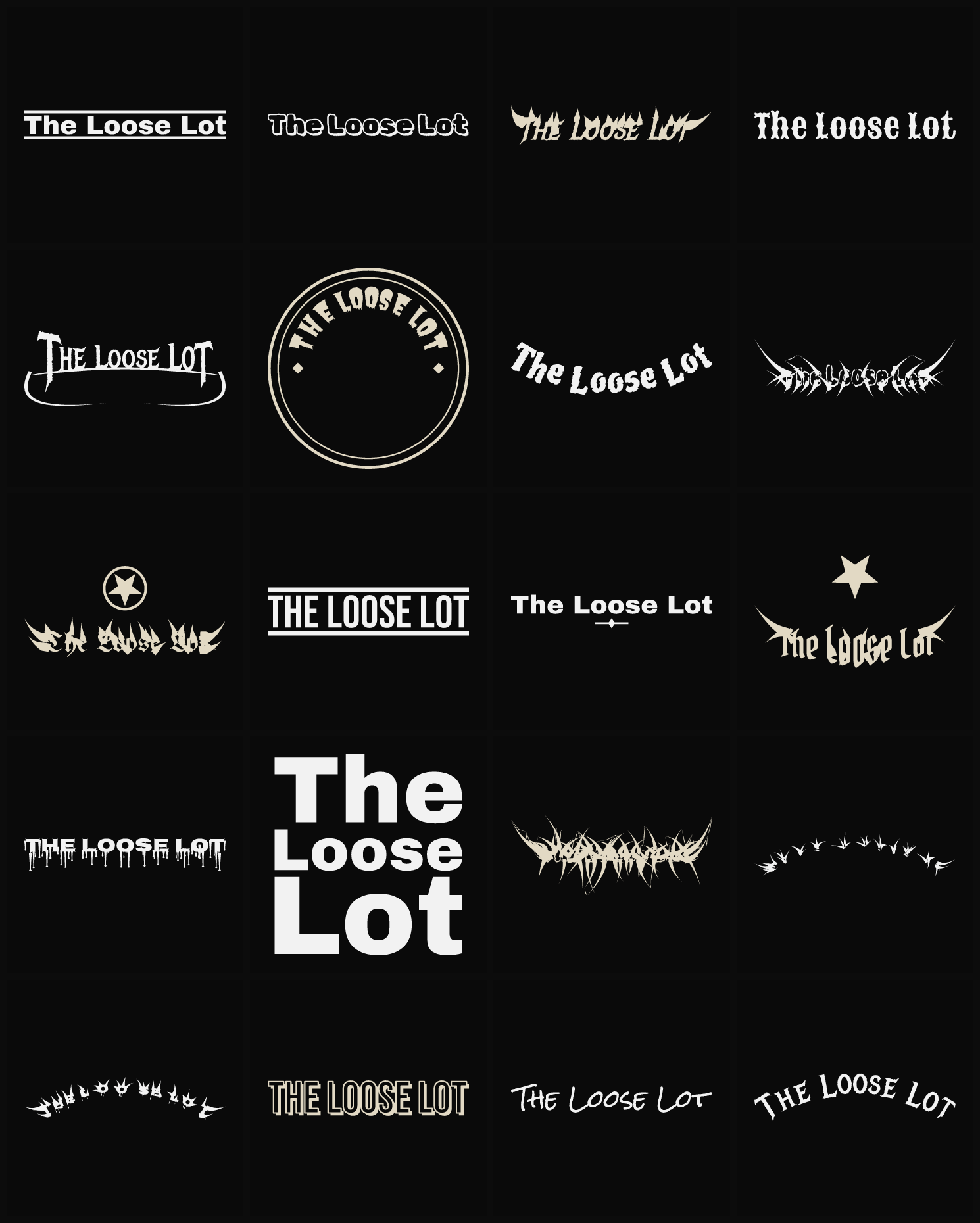 Twenty The Loose Lot band logo ideas — different faces, treatments and spike settings