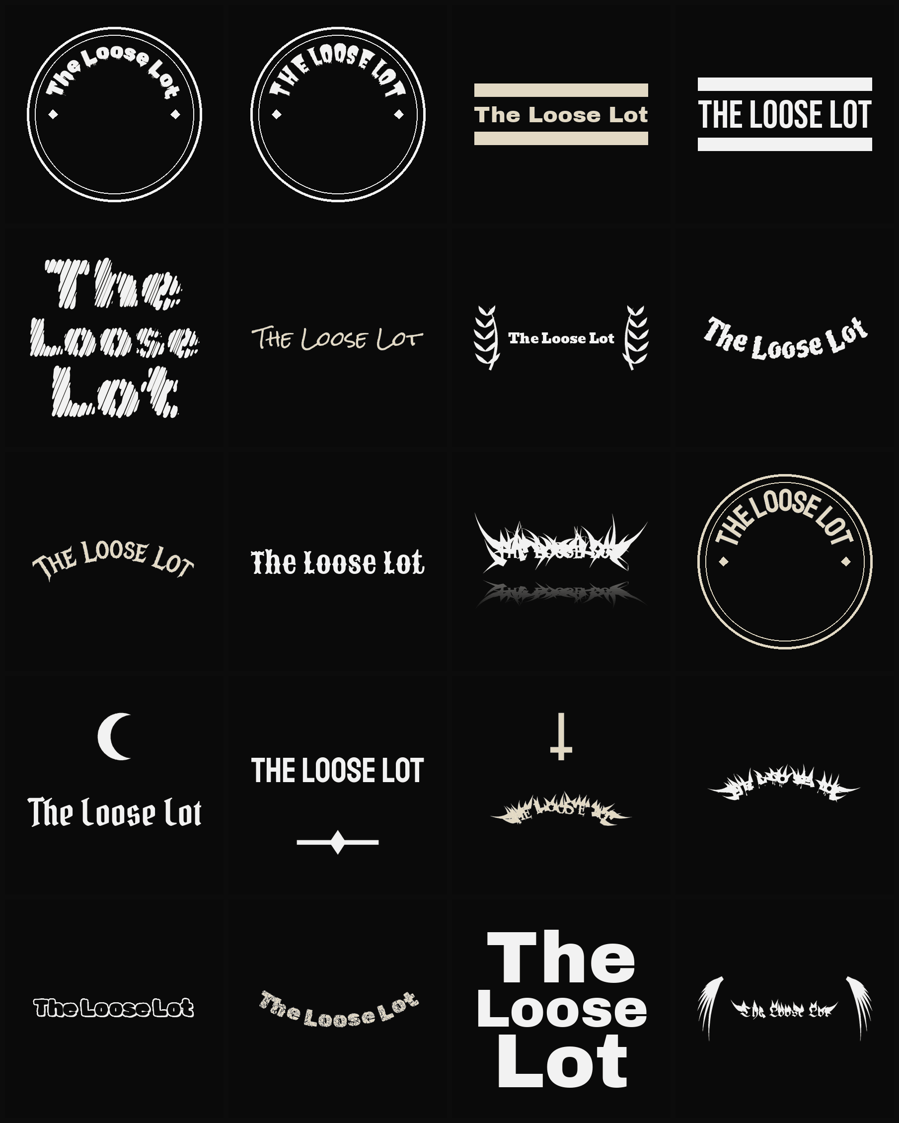 Twenty The Loose Lot band logo ideas — different faces, treatments and spike settings