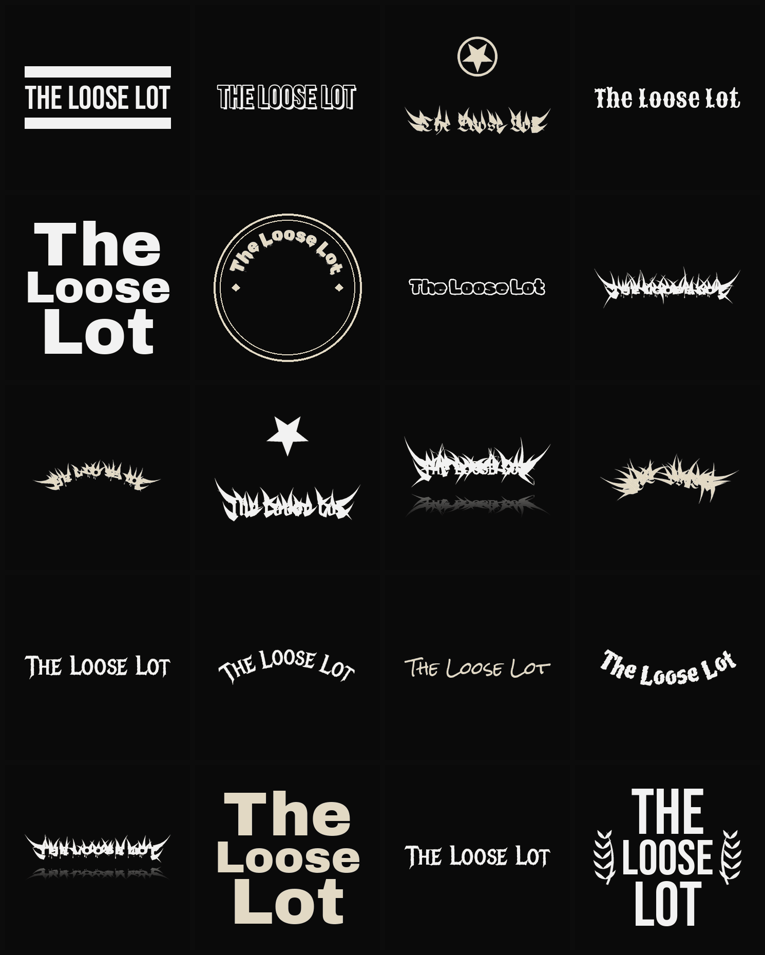 Twenty The Loose Lot band logo ideas — different faces, treatments and spike settings
