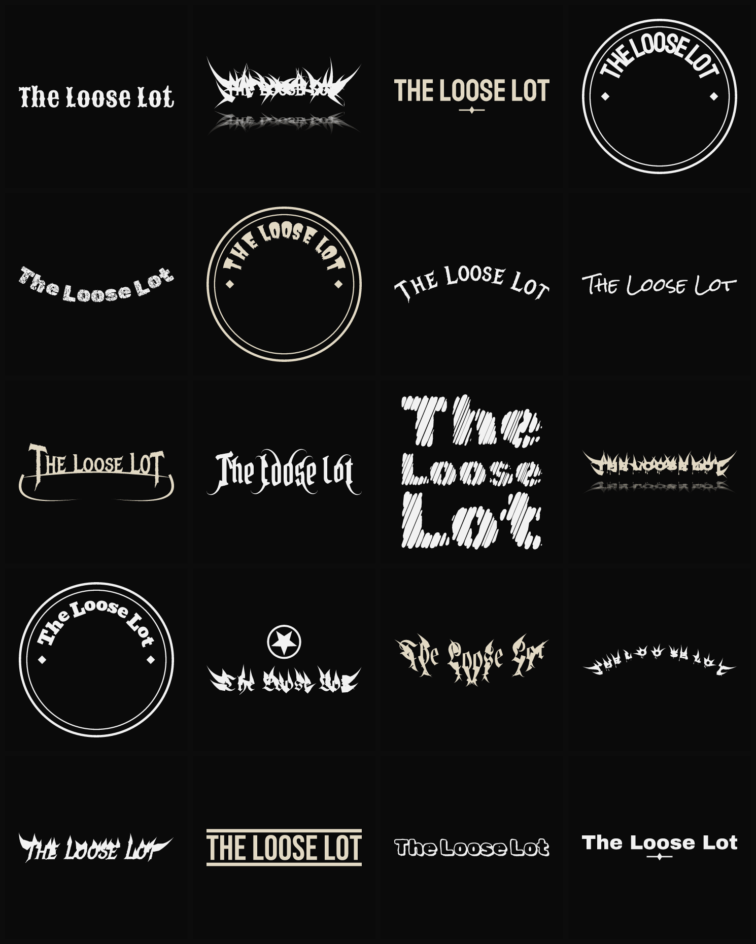 Twenty The Loose Lot band logo ideas — different faces, treatments and spike settings