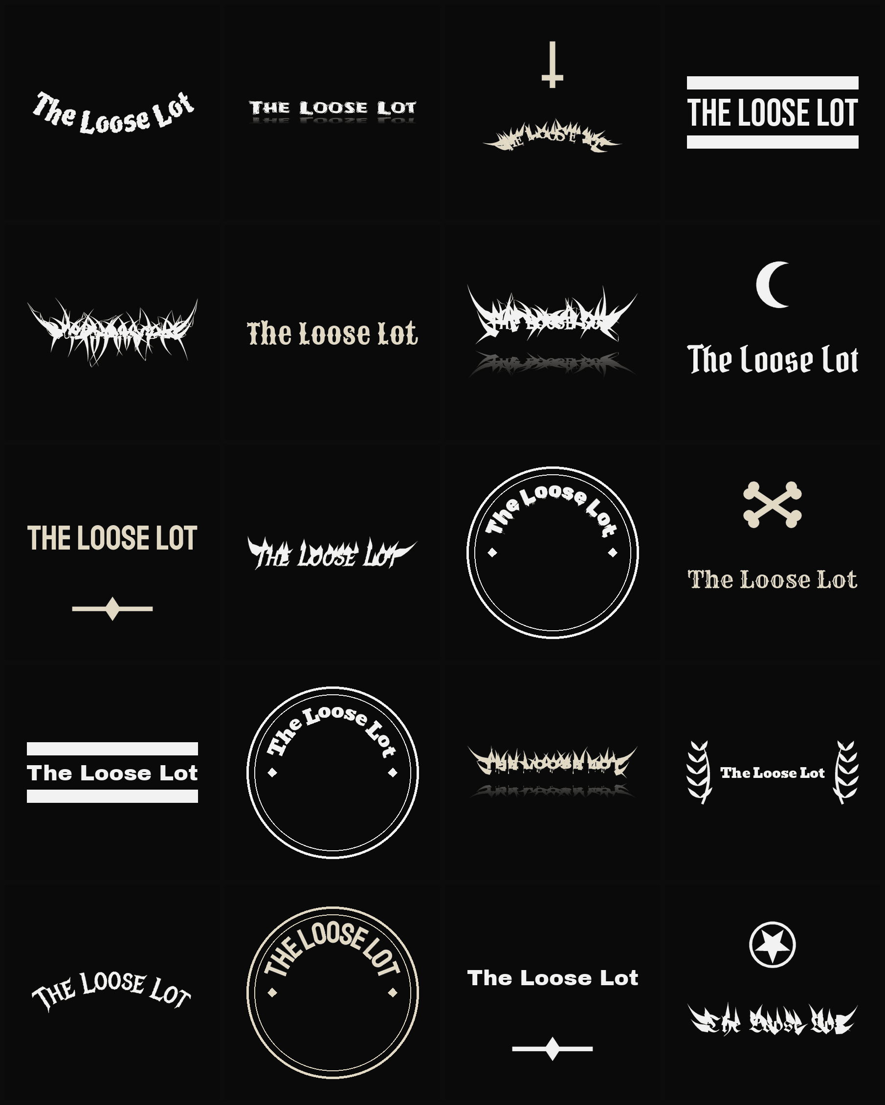 Twenty The Loose Lot band logo ideas — different faces, treatments and spike settings
