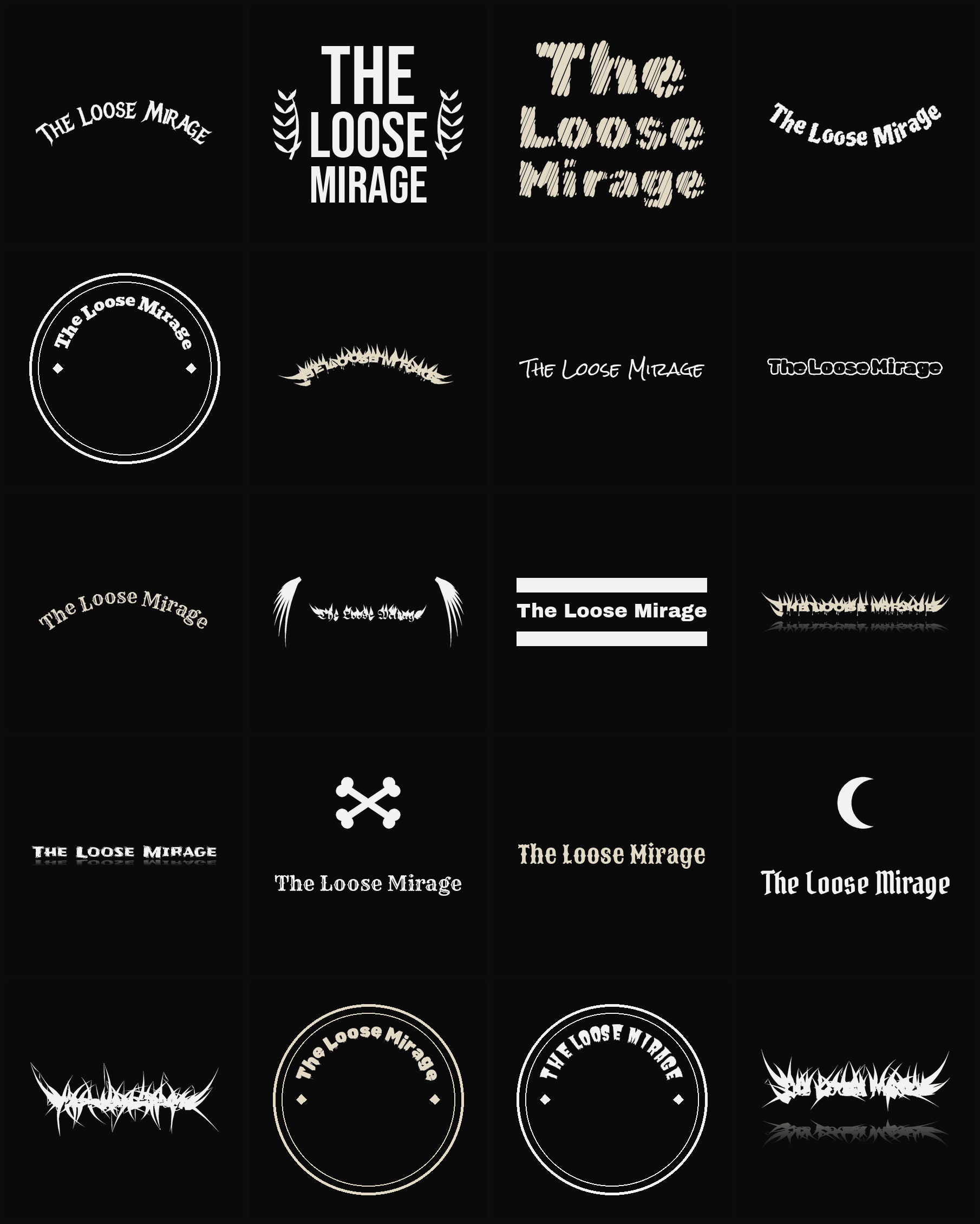Twenty The Loose Mirage band logo ideas — different faces, treatments and spike settings