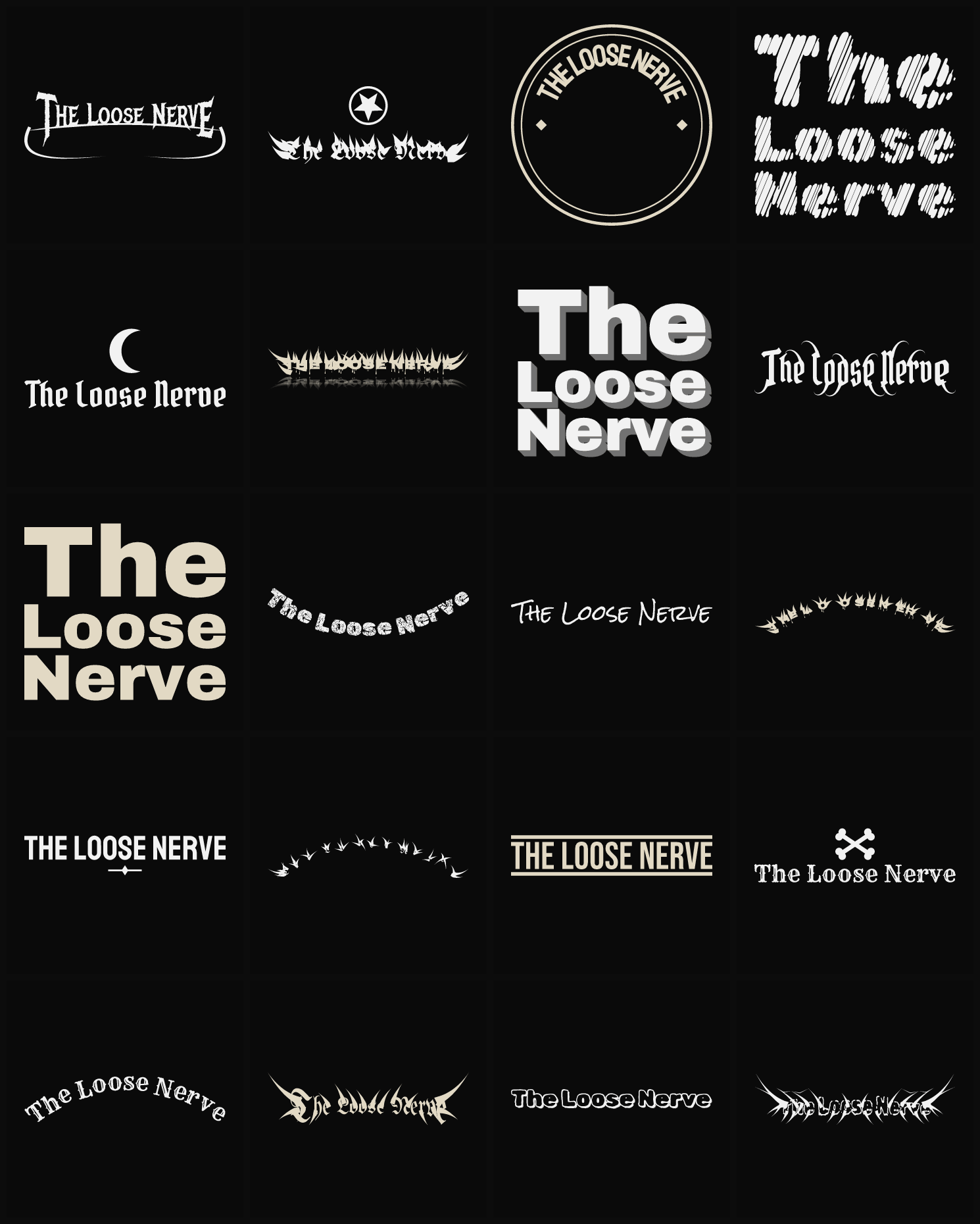 Twenty The Loose Nerve band logo ideas — different faces, treatments and spike settings