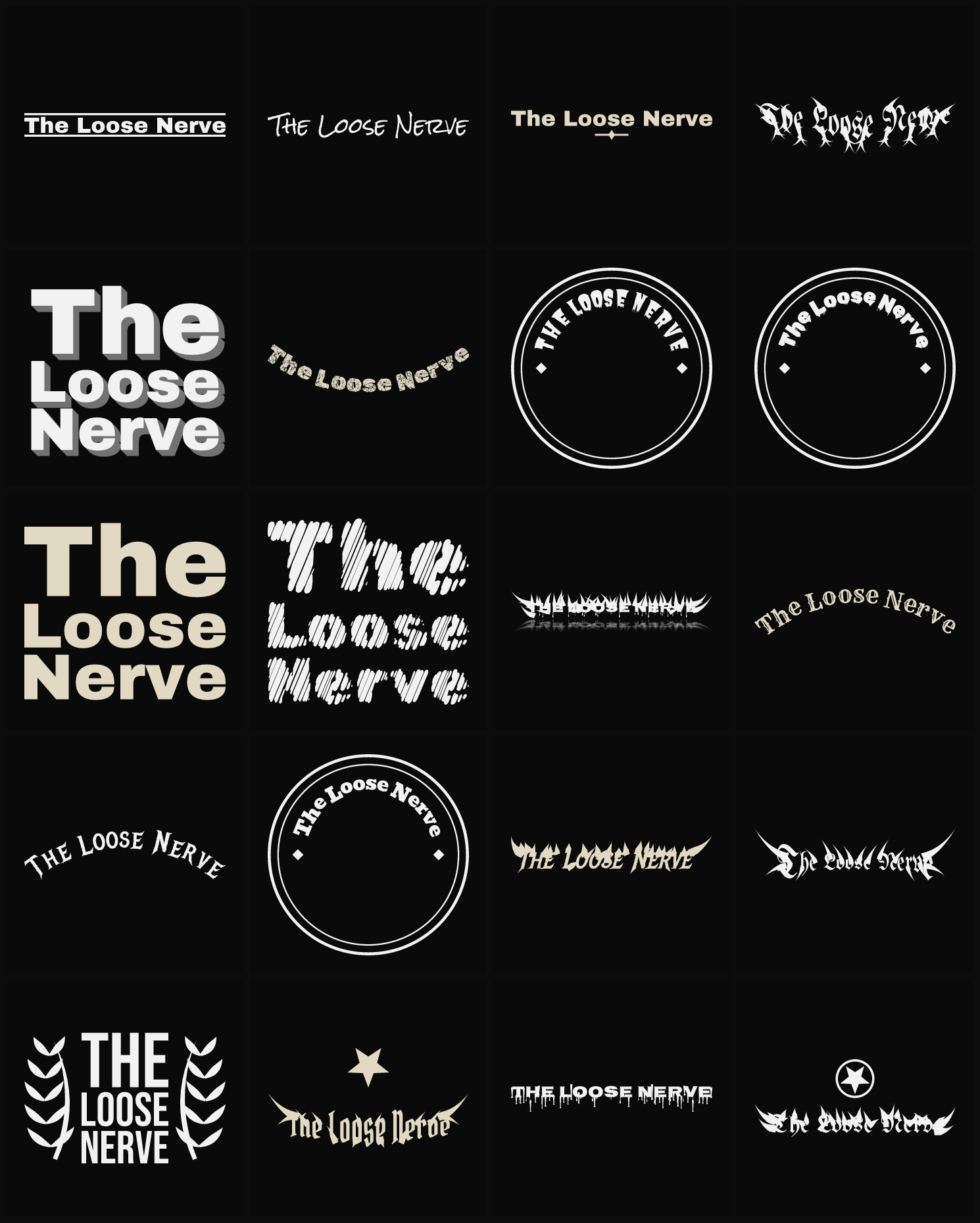Twenty The Loose Nerve band logo ideas — different faces, treatments and spike settings