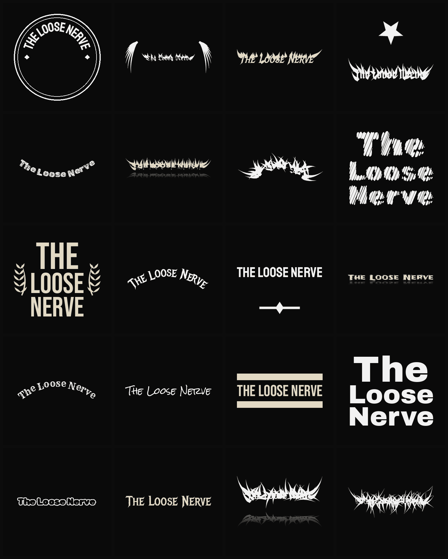 Twenty The Loose Nerve band logo ideas — different faces, treatments and spike settings