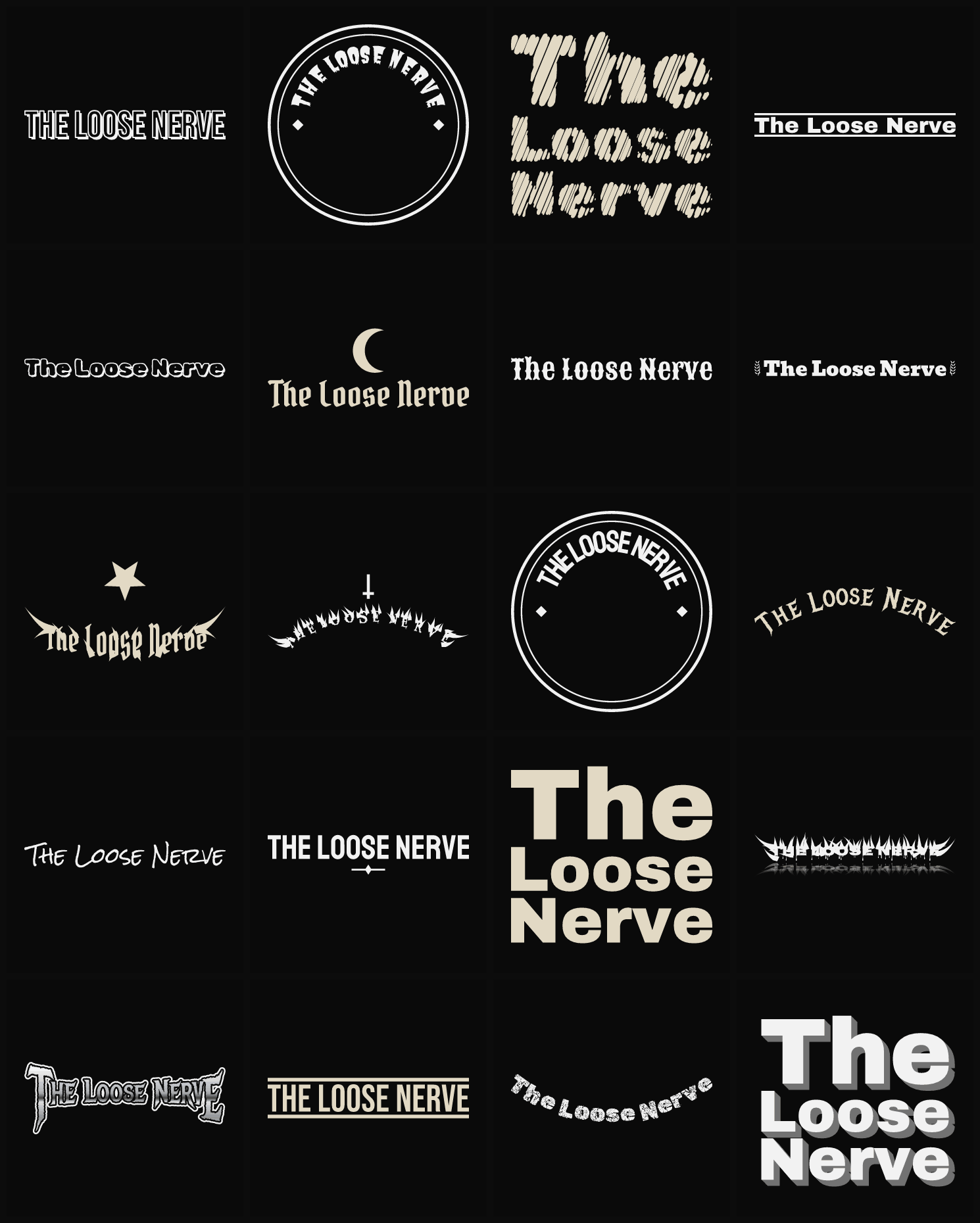 Twenty The Loose Nerve band logo ideas — different faces, treatments and spike settings