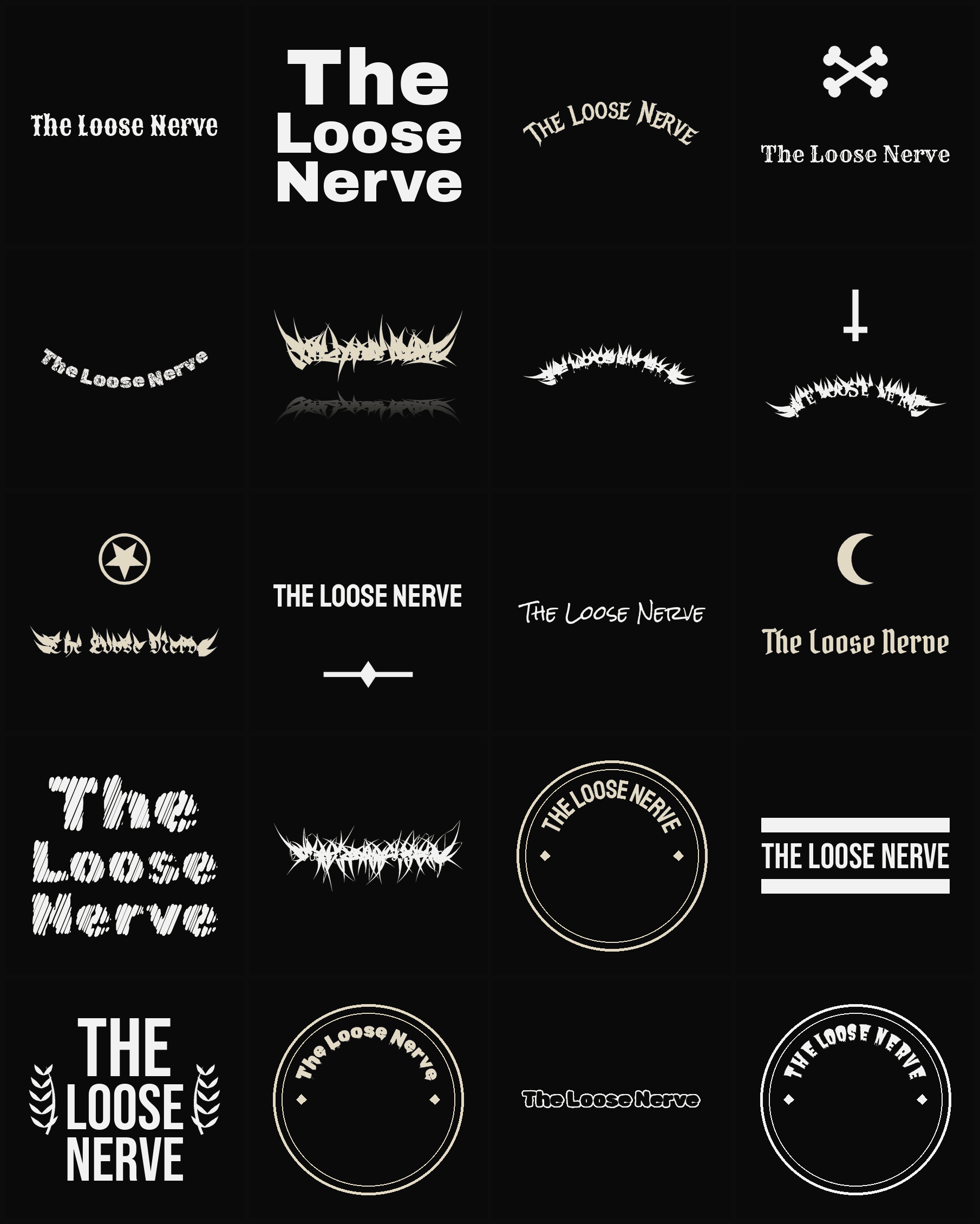 Twenty The Loose Nerve band logo ideas — different faces, treatments and spike settings