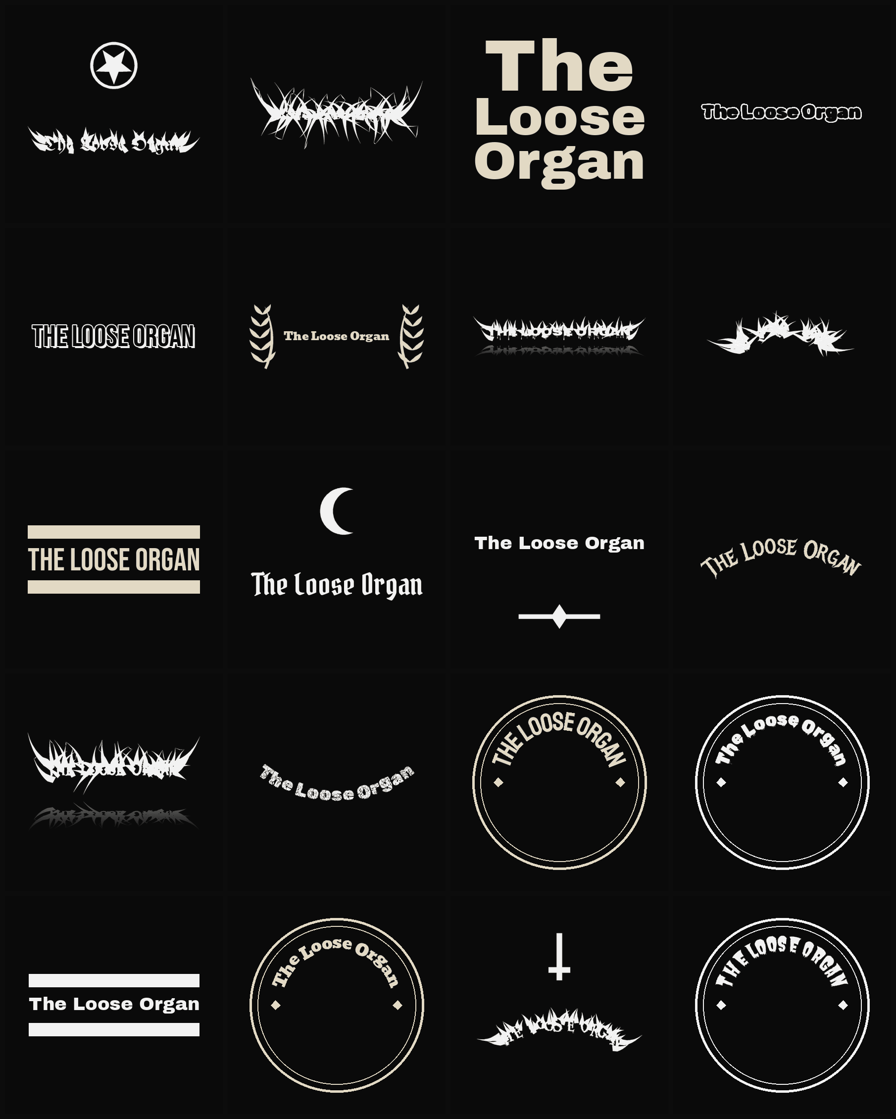 Twenty The Loose Organ band logo ideas — different faces, treatments and spike settings