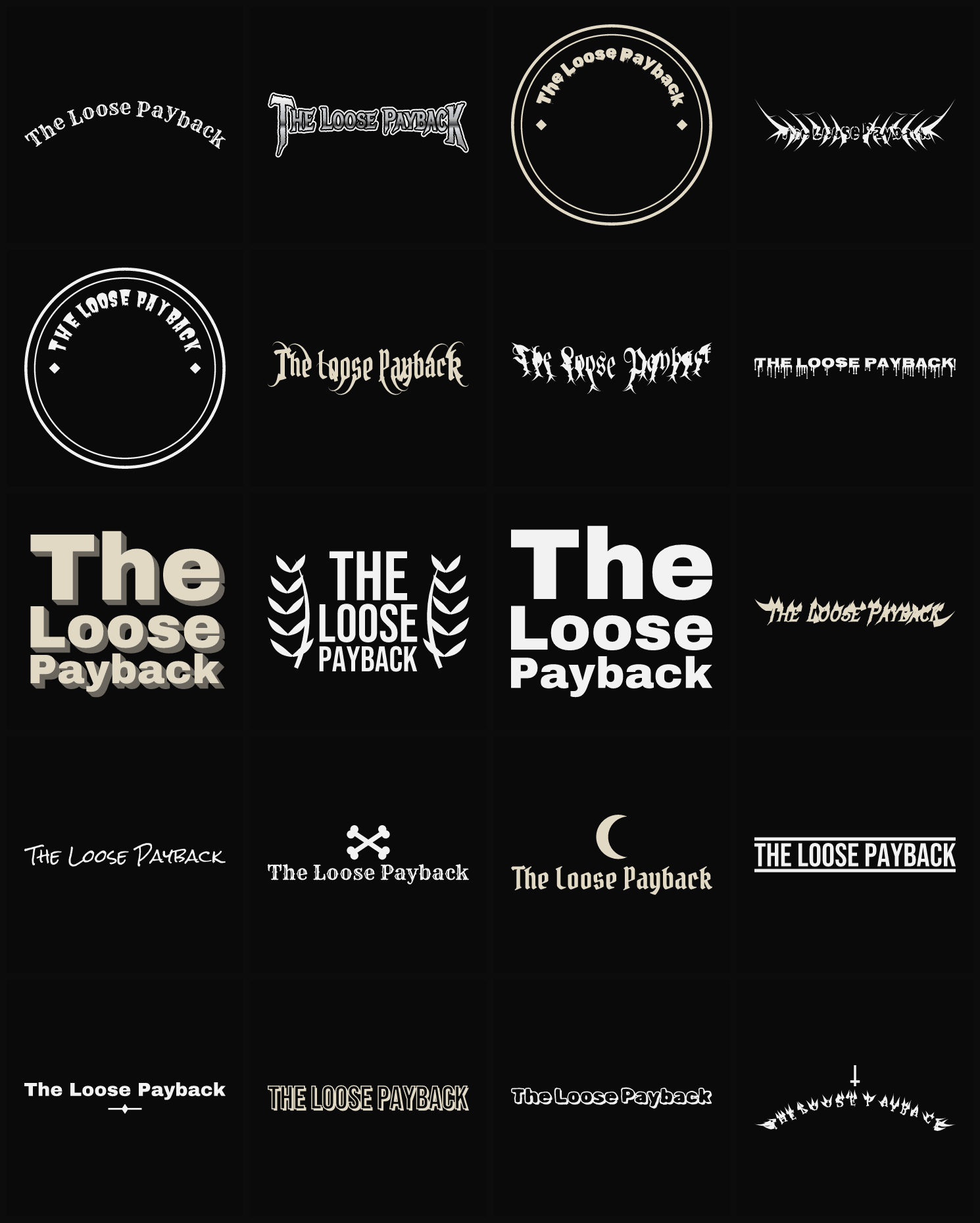 Twenty The Loose Payback band logo ideas — different faces, treatments and spike settings