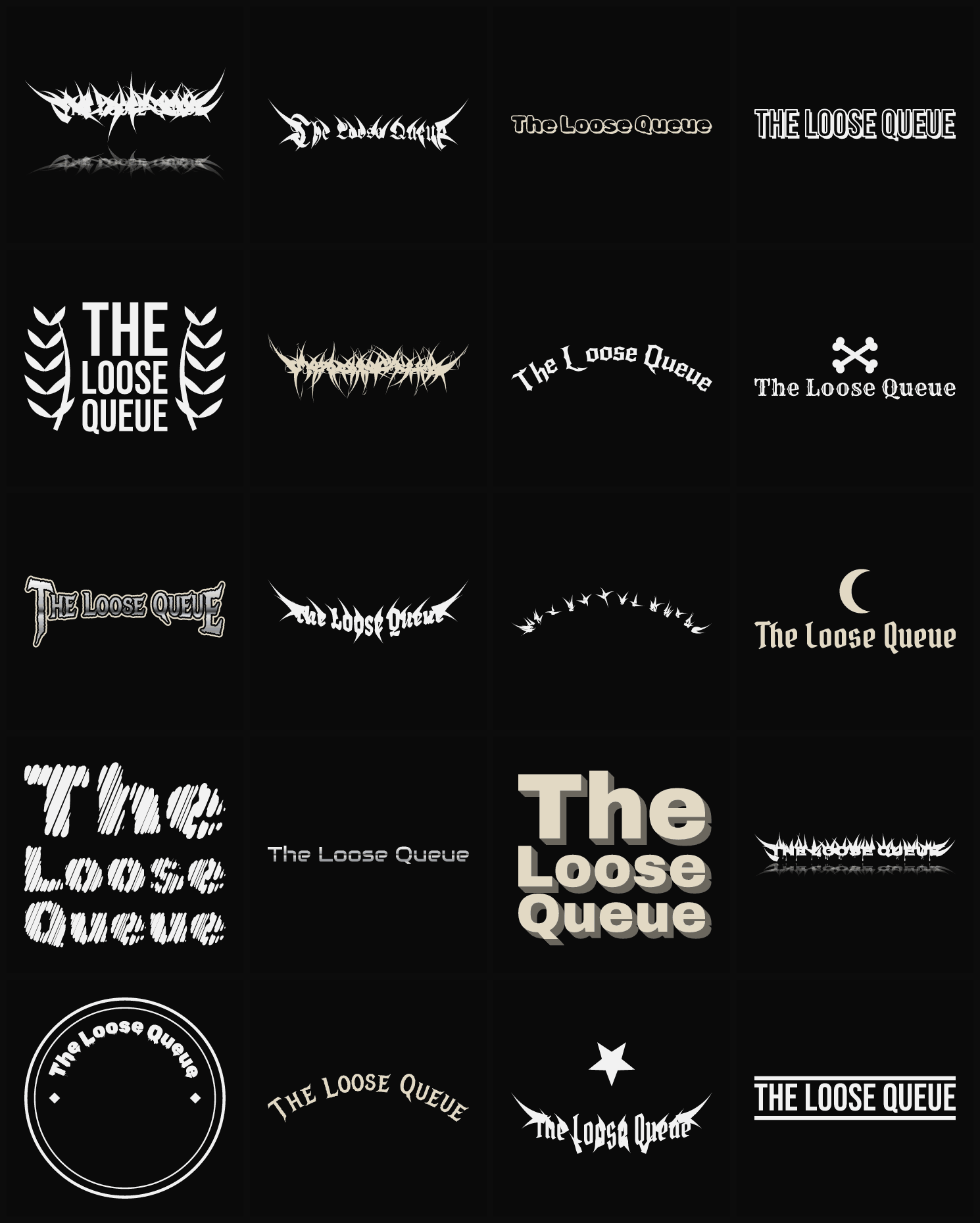 Twenty The Loose Queue band logo ideas — different faces, treatments and spike settings