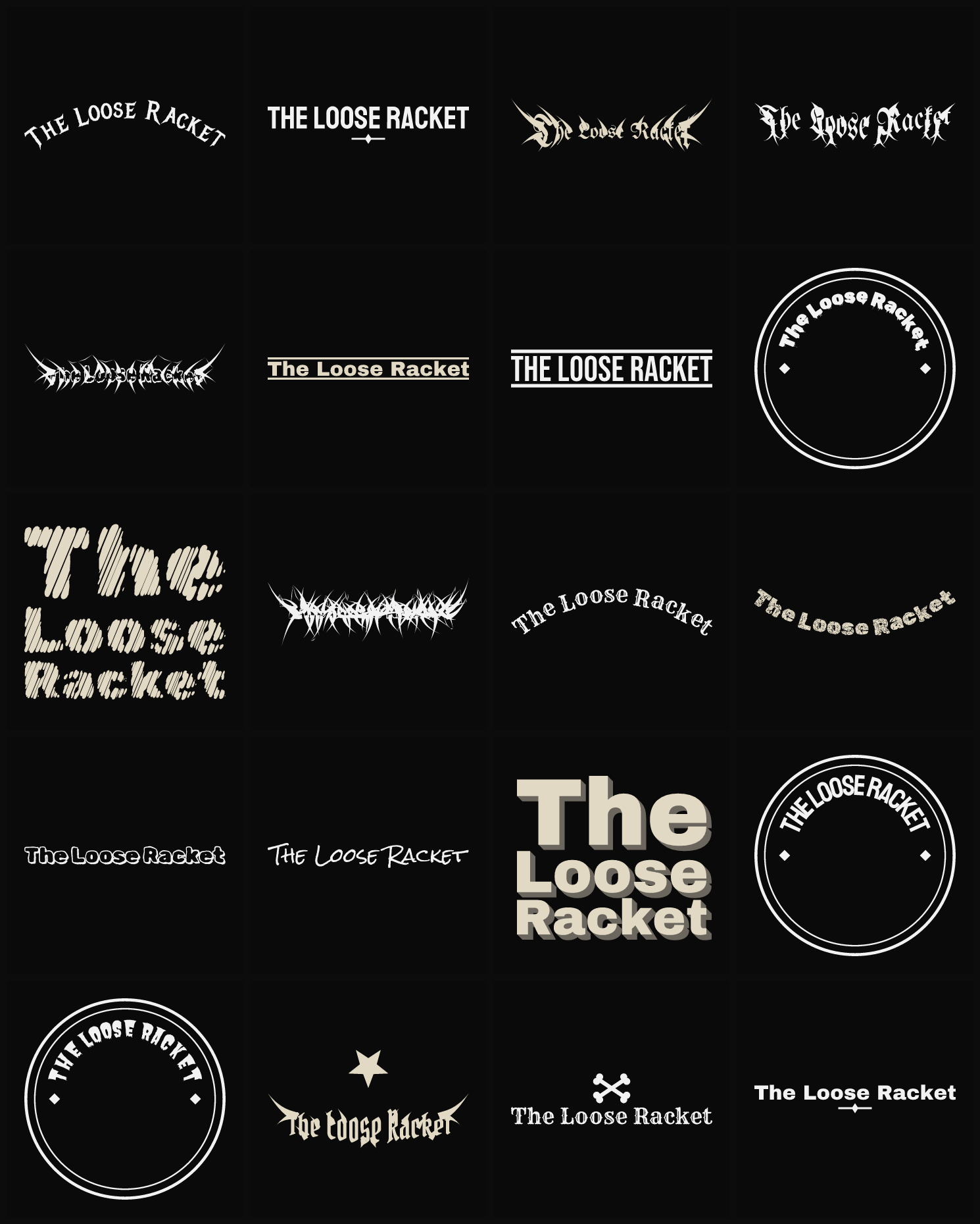 Twenty The Loose Racket band logo ideas — different faces, treatments and spike settings