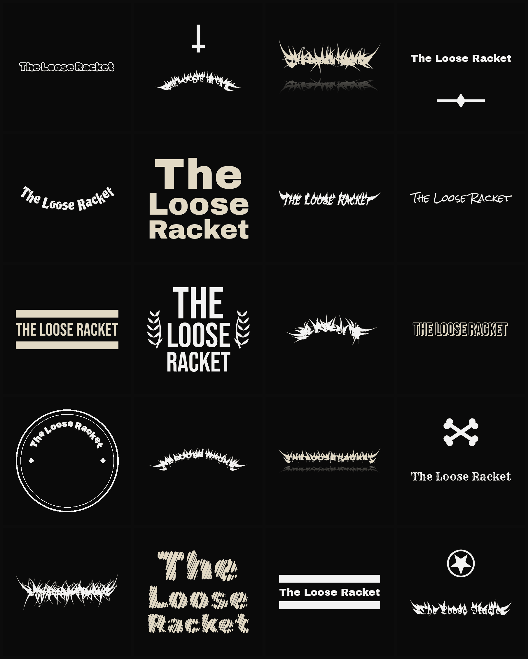 Twenty The Loose Racket band logo ideas — different faces, treatments and spike settings