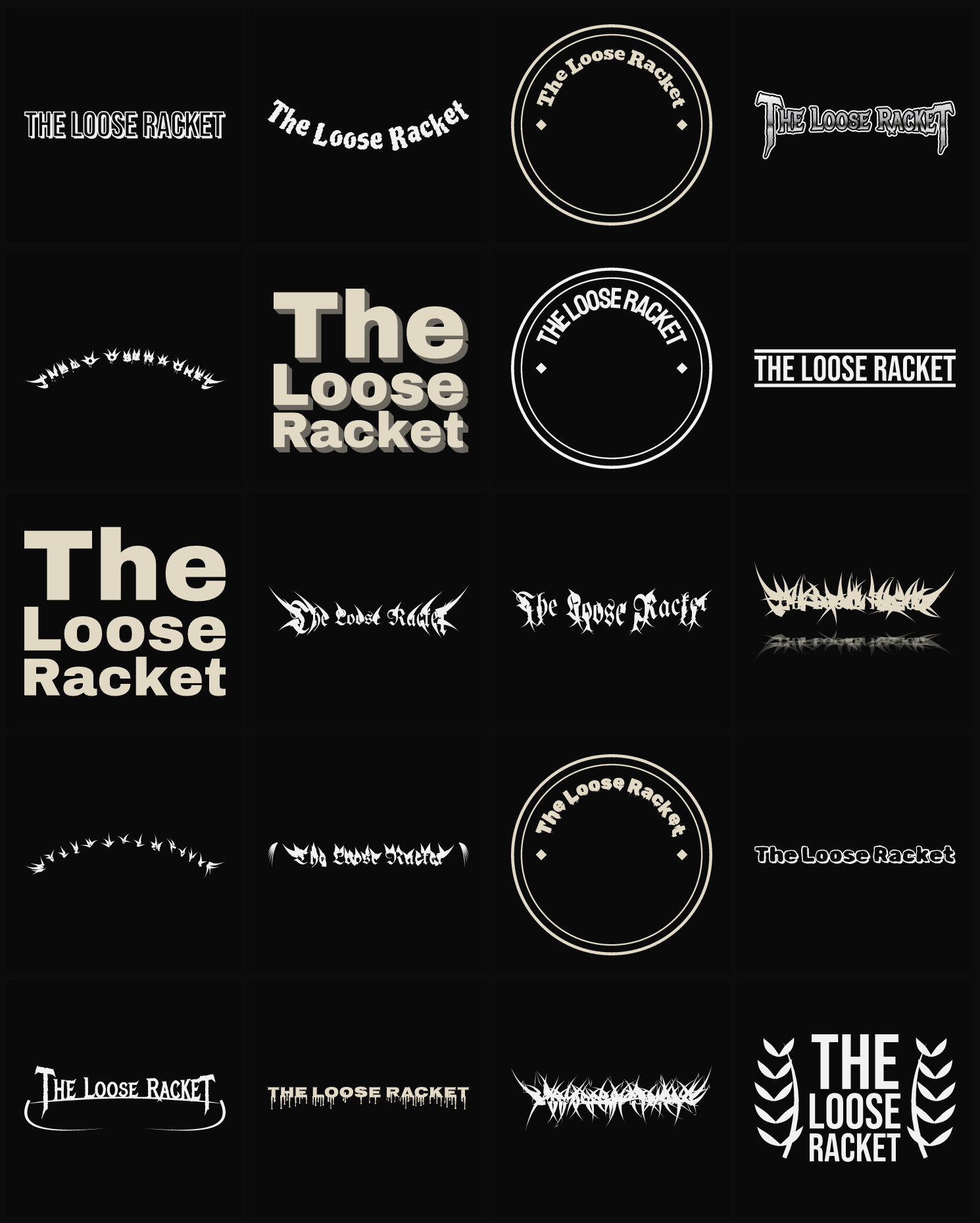 Twenty The Loose Racket band logo ideas — different faces, treatments and spike settings