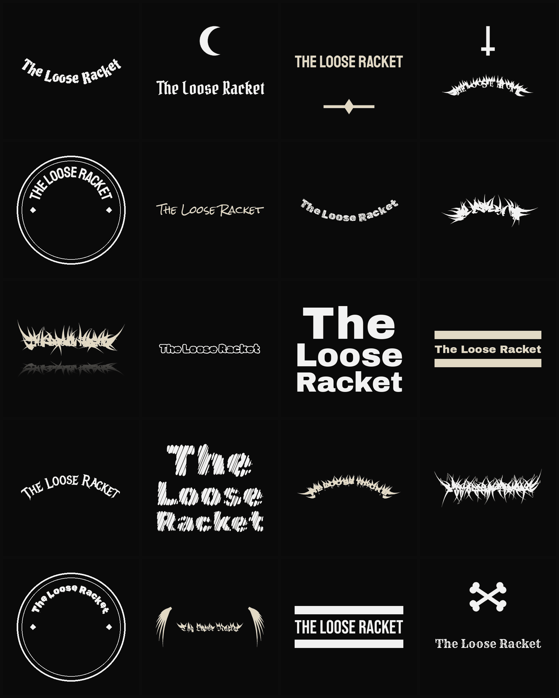 Twenty The Loose Racket band logo ideas — different faces, treatments and spike settings