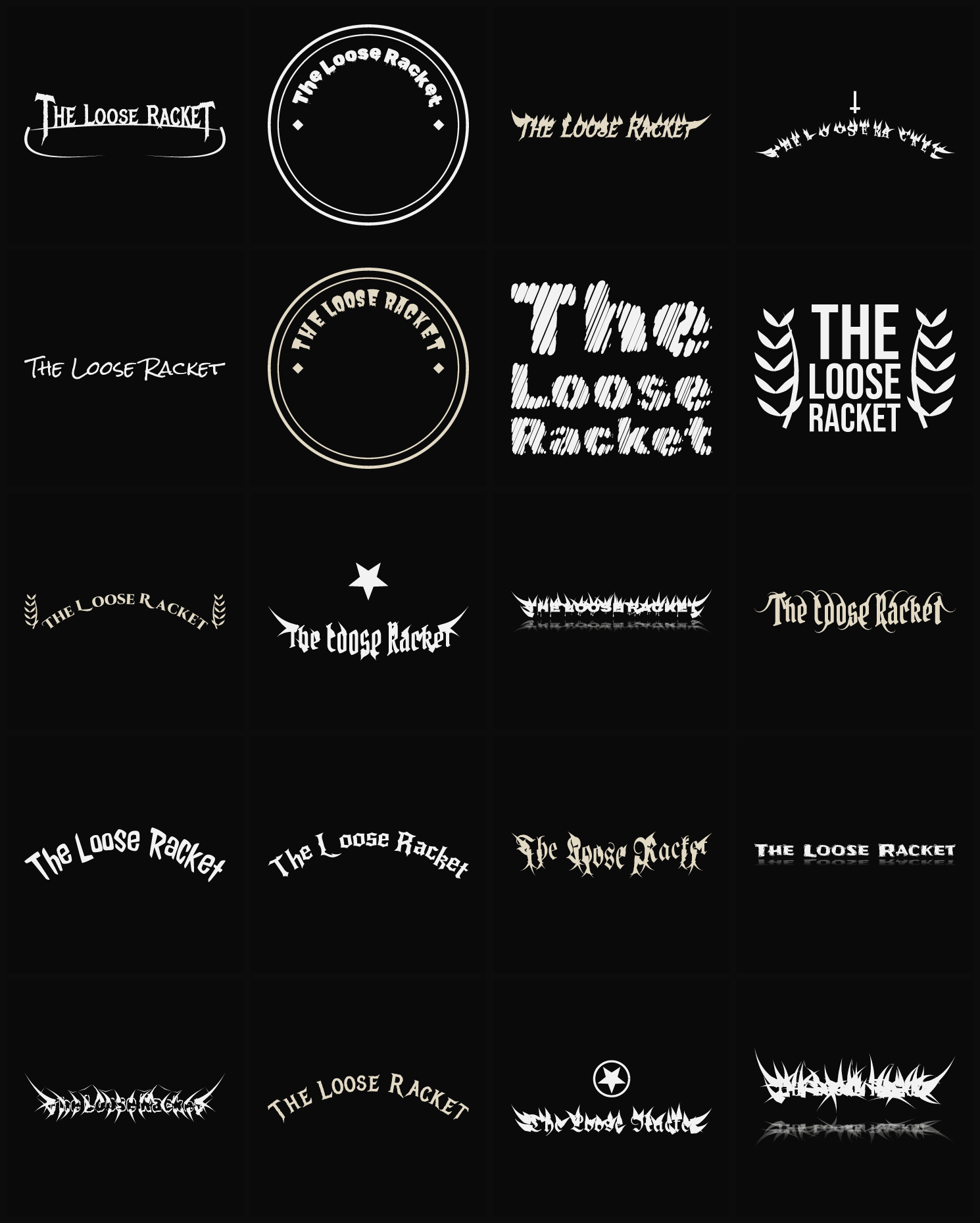 Twenty The Loose Racket band logo ideas — different faces, treatments and spike settings