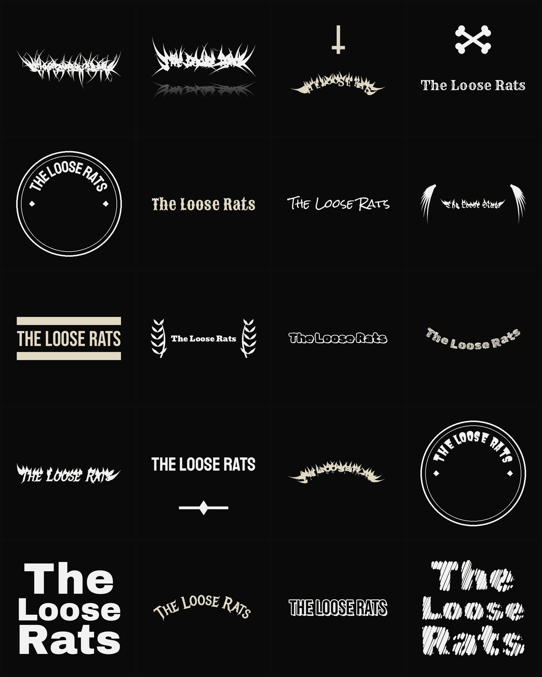 Twenty The Loose Rats band logo ideas — different faces, treatments and spike settings