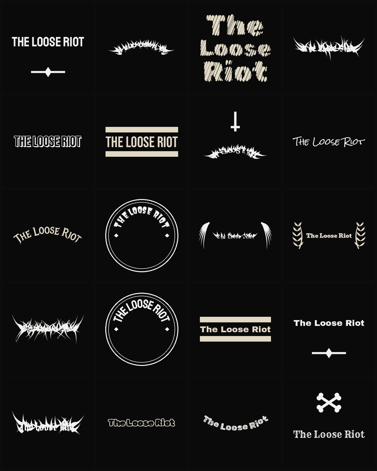 Twenty The Loose Riot band logo ideas — different faces, treatments and spike settings