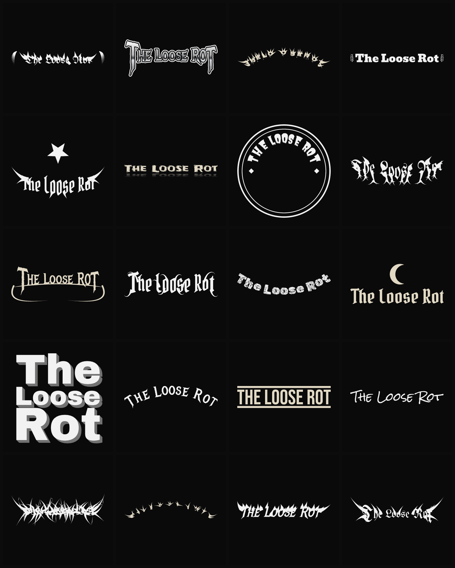 Twenty The Loose Rot band logo ideas — different faces, treatments and spike settings