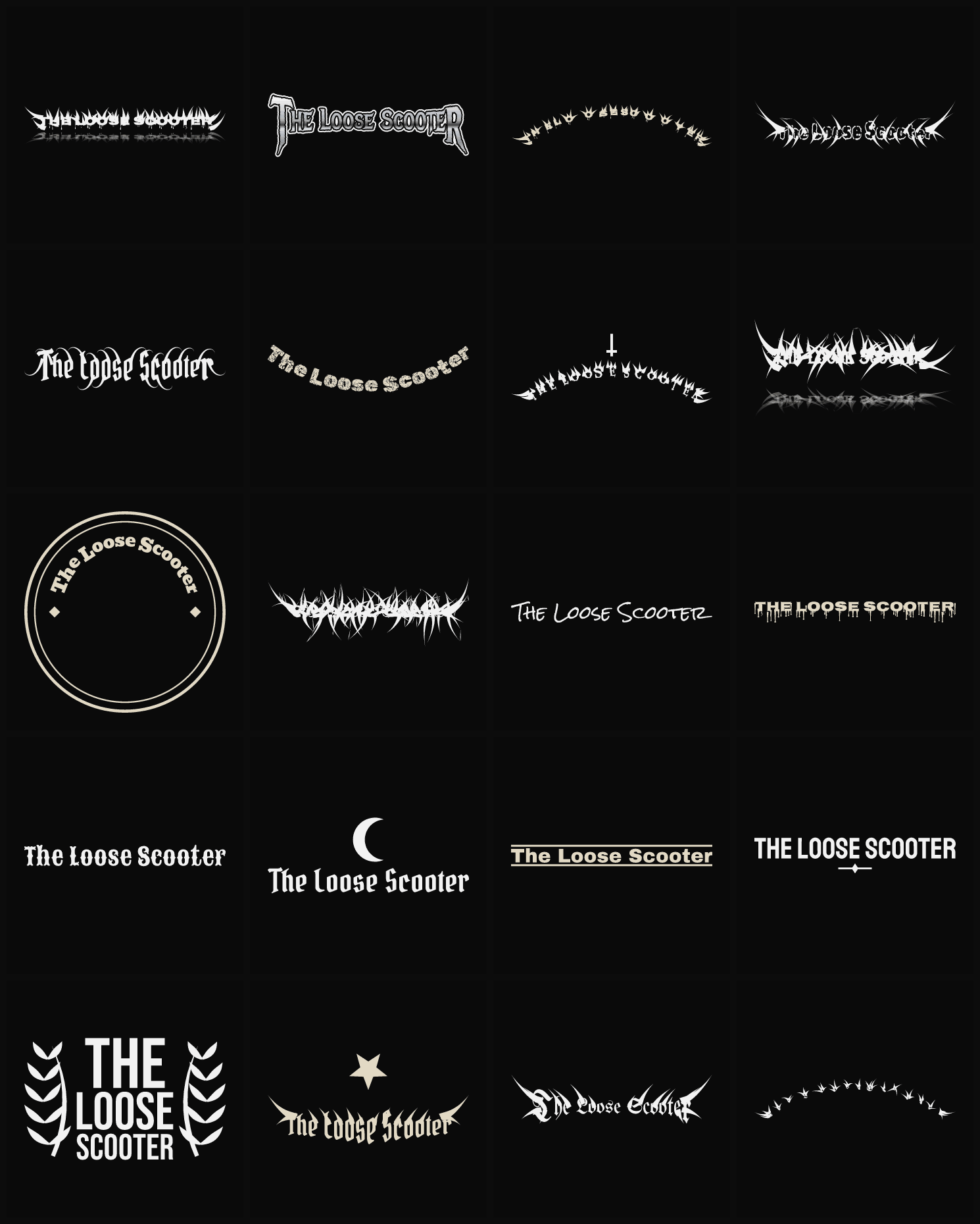 Twenty The Loose Scooter band logo ideas — different faces, treatments and spike settings