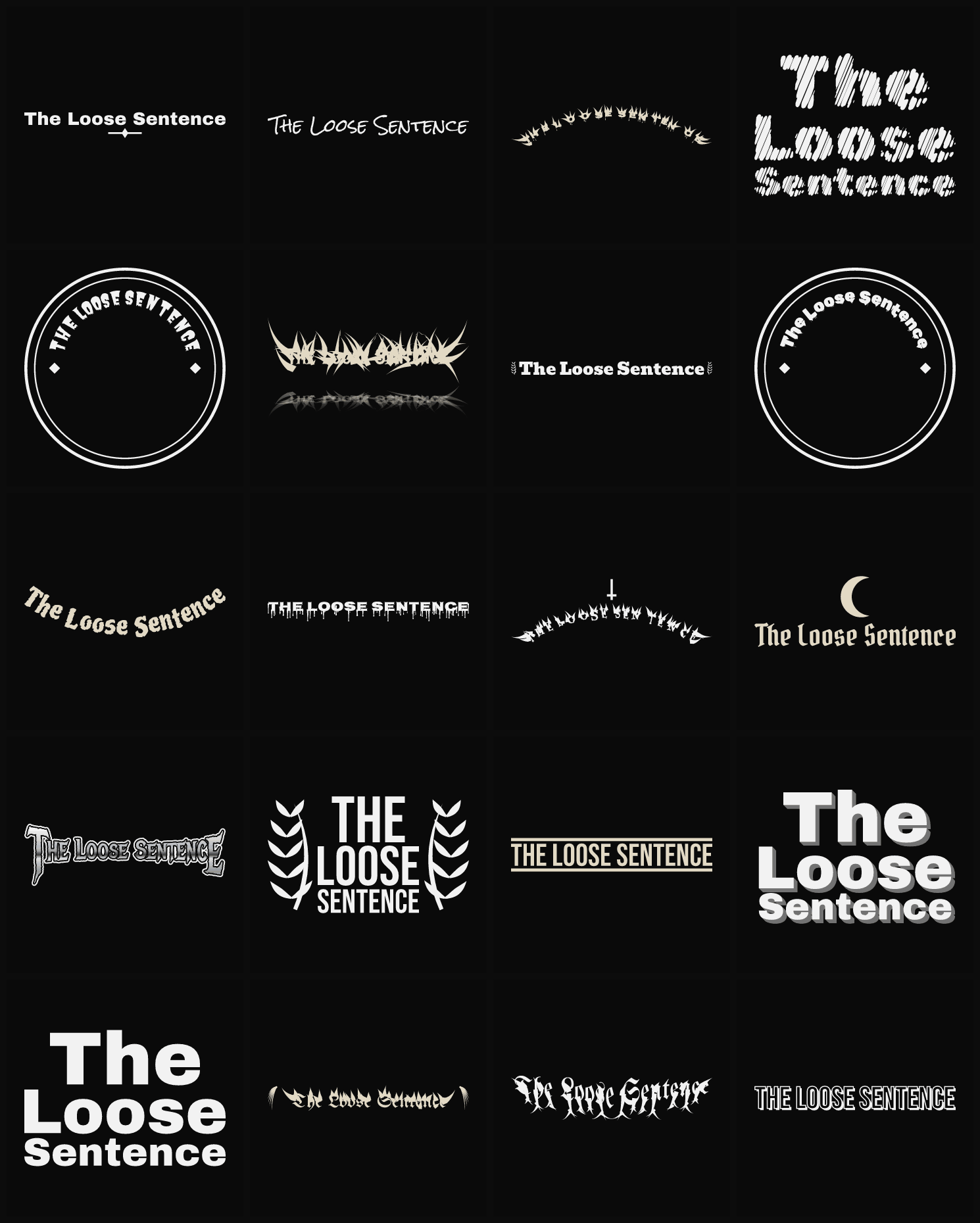 Twenty The Loose Sentence band logo ideas — different faces, treatments and spike settings