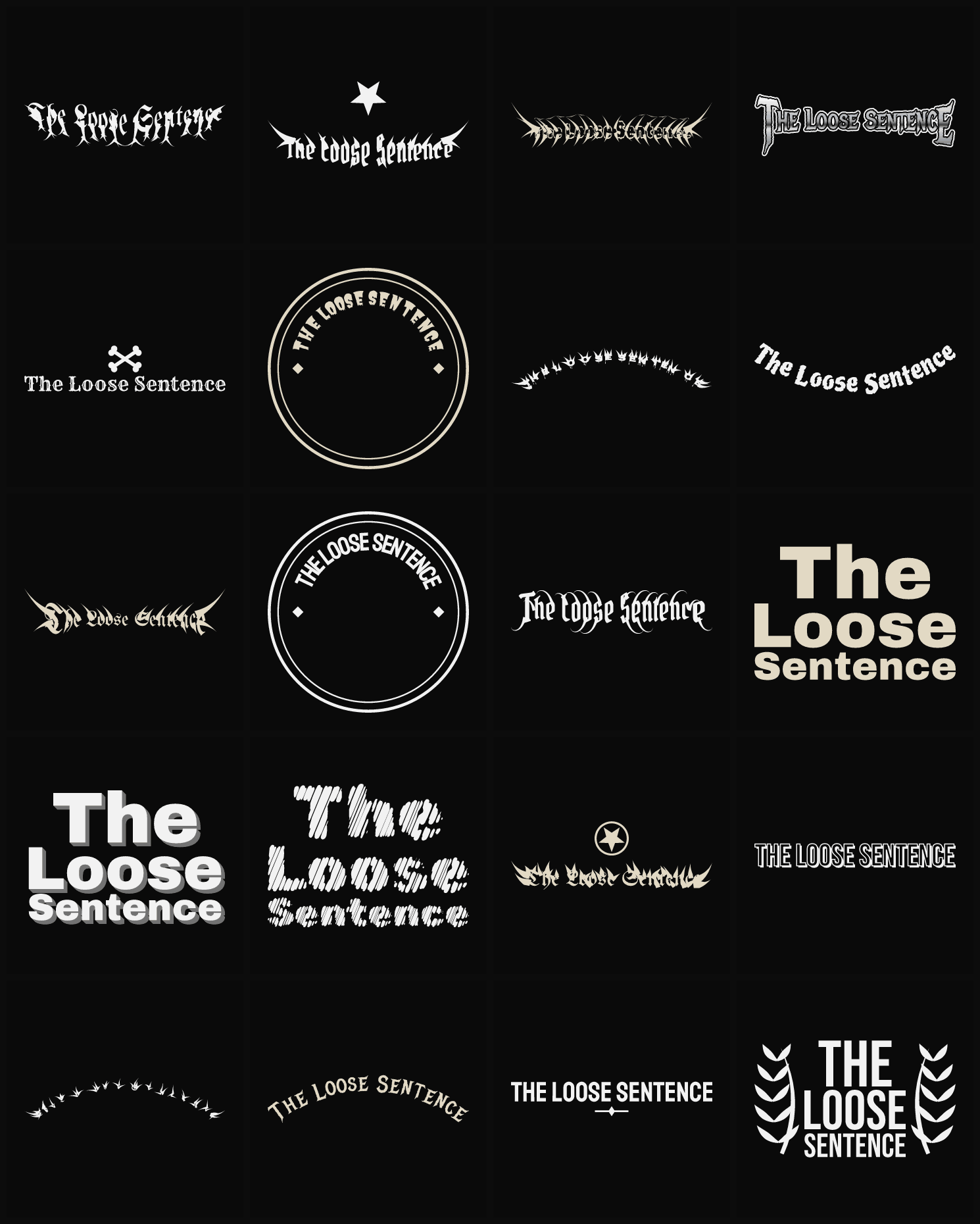 Twenty The Loose Sentence band logo ideas — different faces, treatments and spike settings