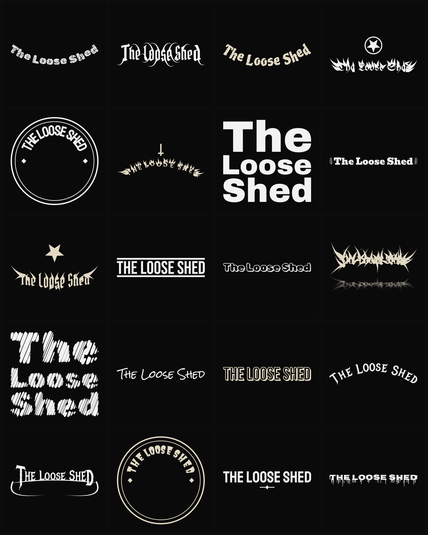 Twenty The Loose Shed band logo ideas — different faces, treatments and spike settings