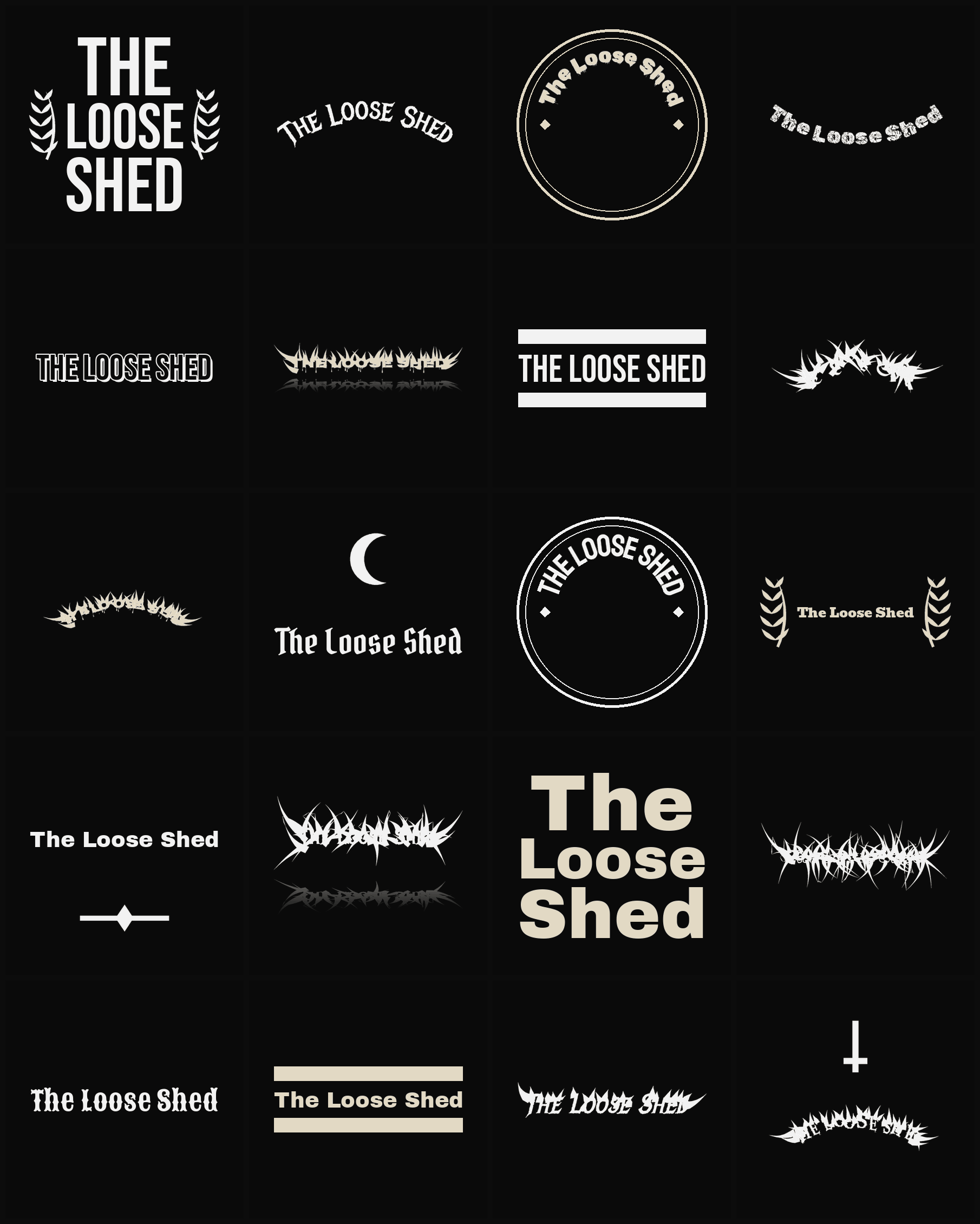 Twenty The Loose Shed band logo ideas — different faces, treatments and spike settings