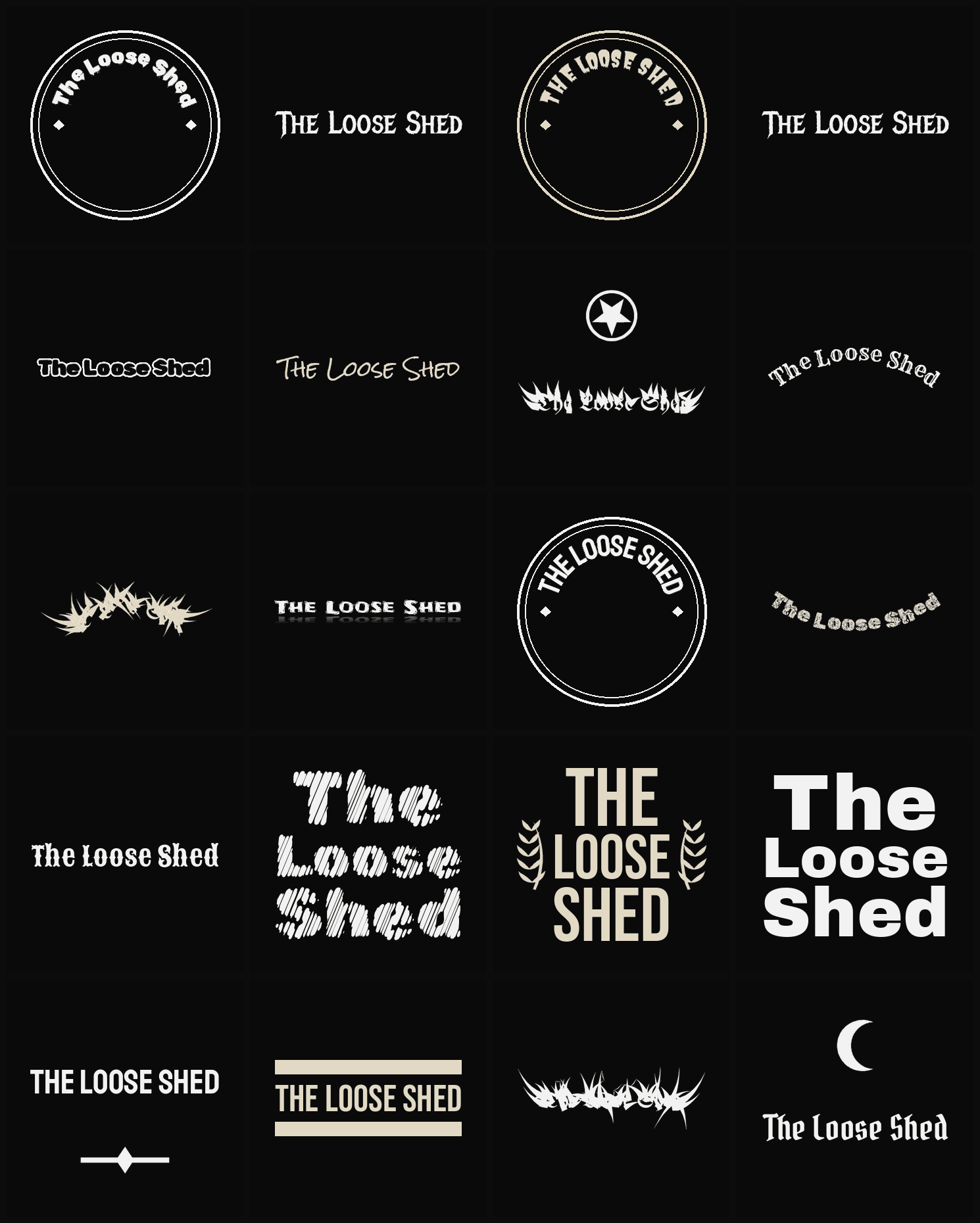 Twenty The Loose Shed band logo ideas — different faces, treatments and spike settings