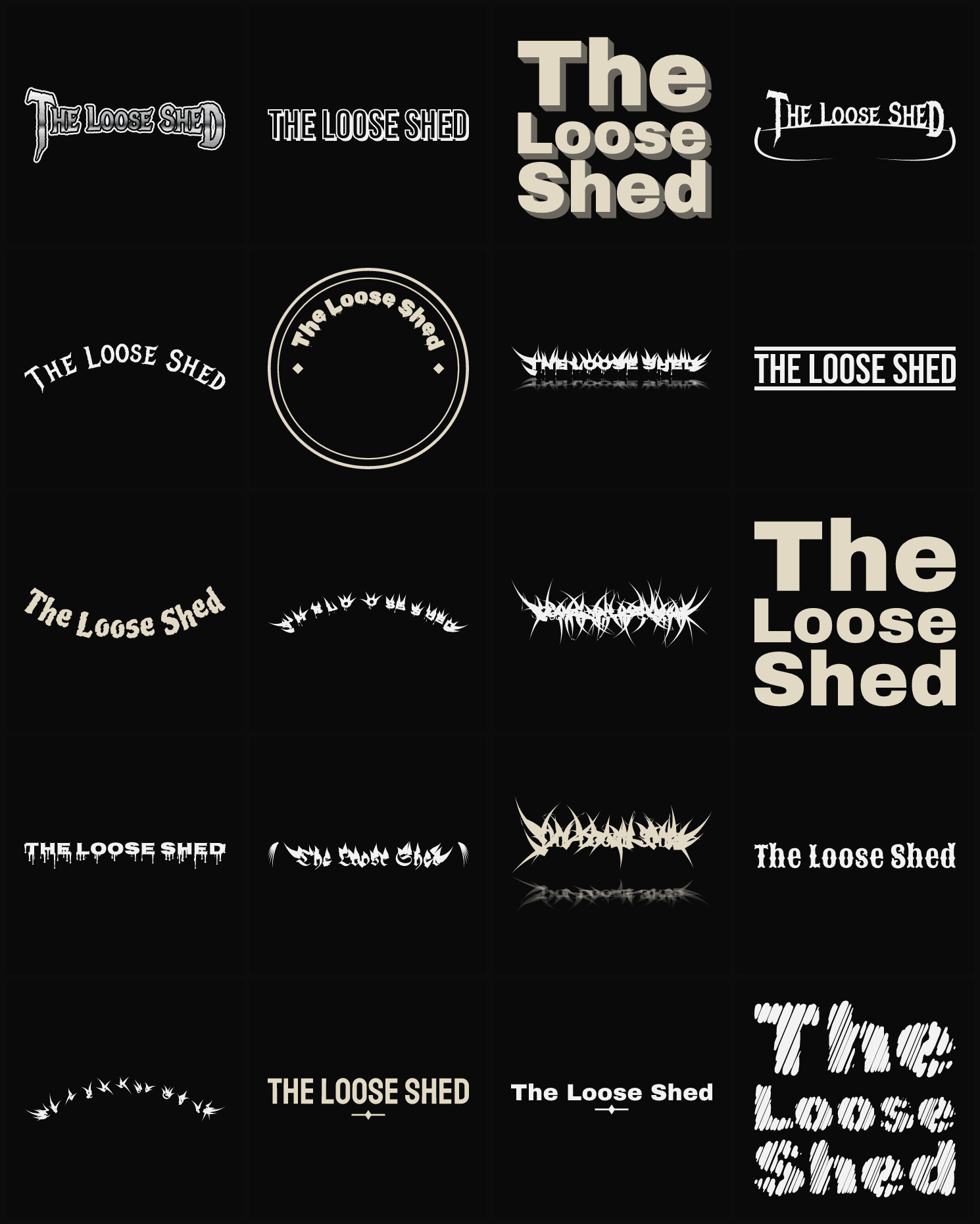 Twenty The Loose Shed band logo ideas — different faces, treatments and spike settings