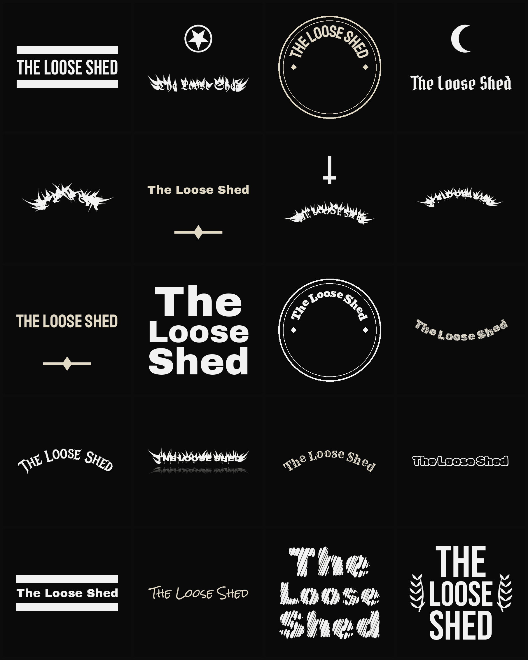 Twenty The Loose Shed band logo ideas — different faces, treatments and spike settings
