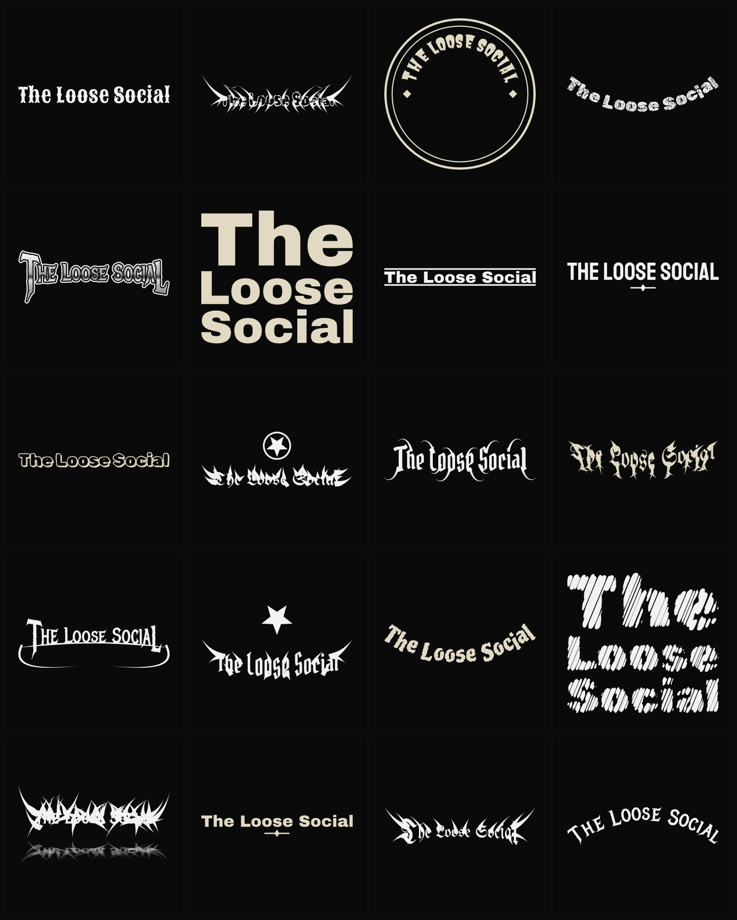 Twenty The Loose Social band logo ideas — different faces, treatments and spike settings