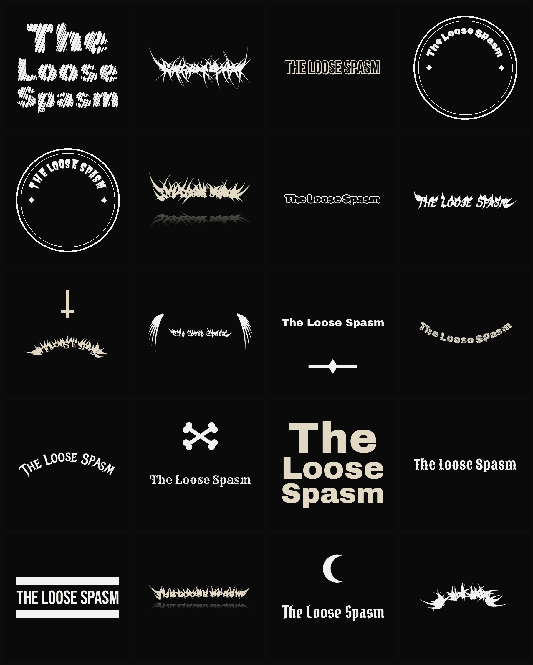 Twenty The Loose Spasm band logo ideas — different faces, treatments and spike settings