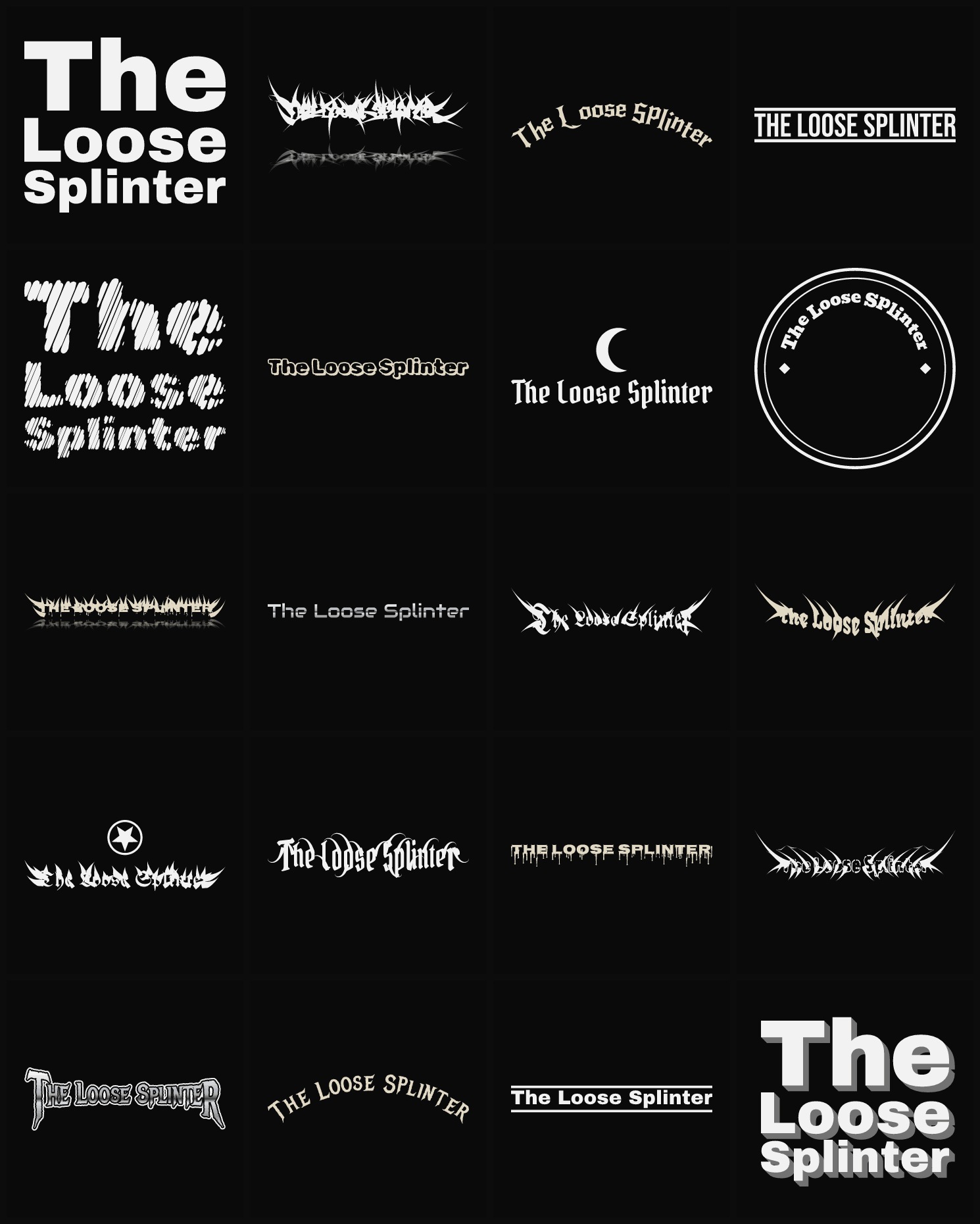 Twenty The Loose Splinter band logo ideas — different faces, treatments and spike settings