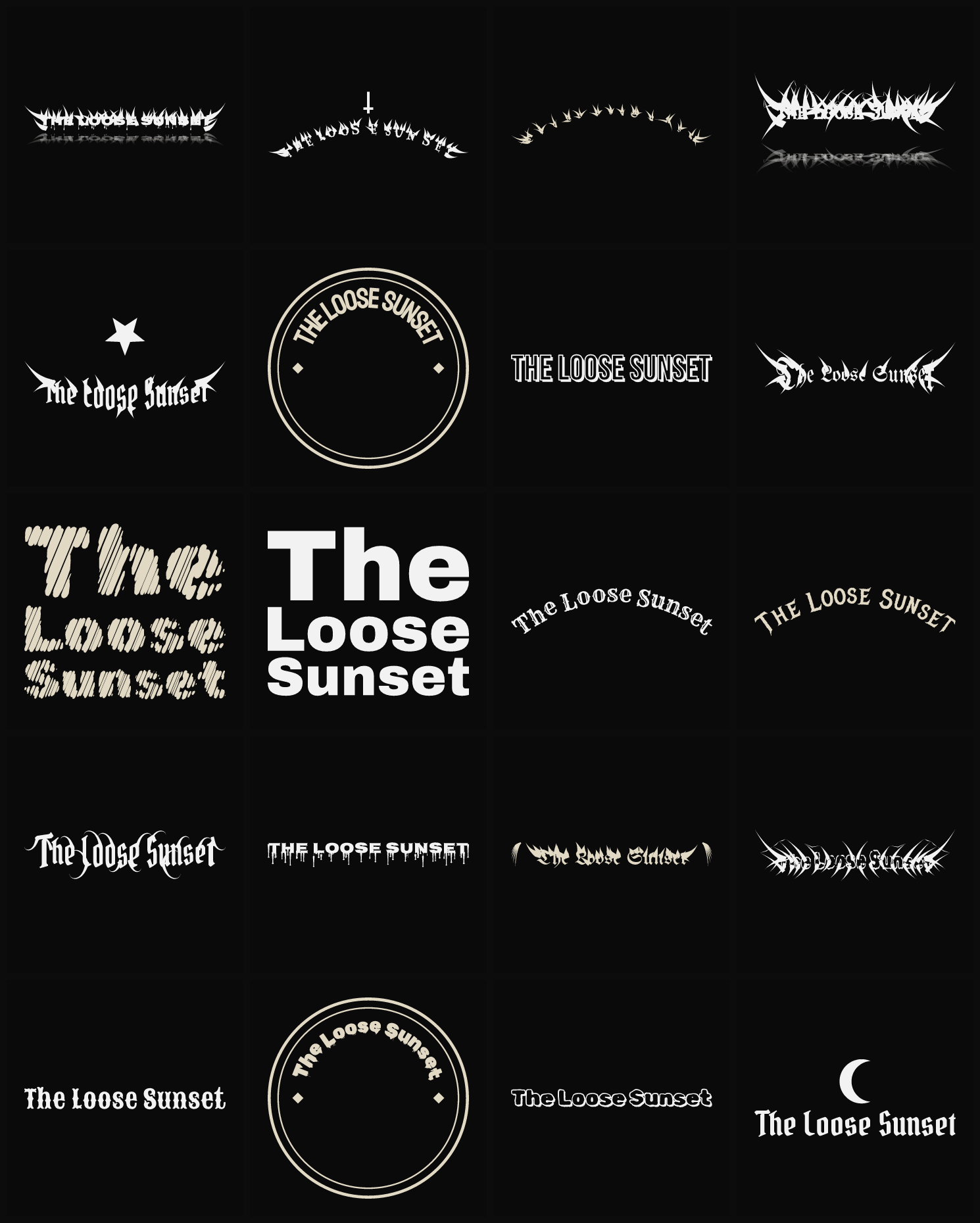 Twenty The Loose Sunset band logo ideas — different faces, treatments and spike settings