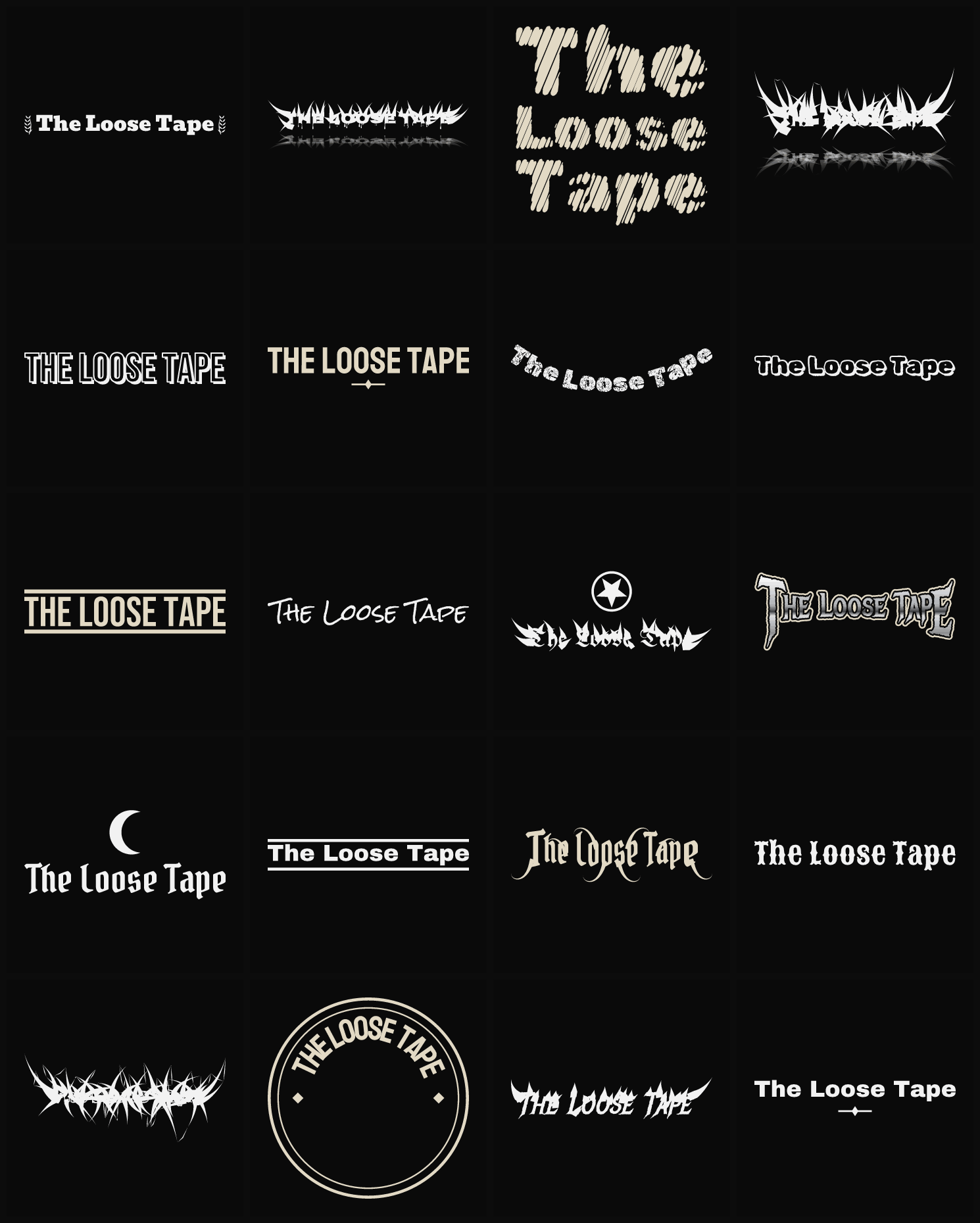 Twenty The Loose Tape band logo ideas — different faces, treatments and spike settings
