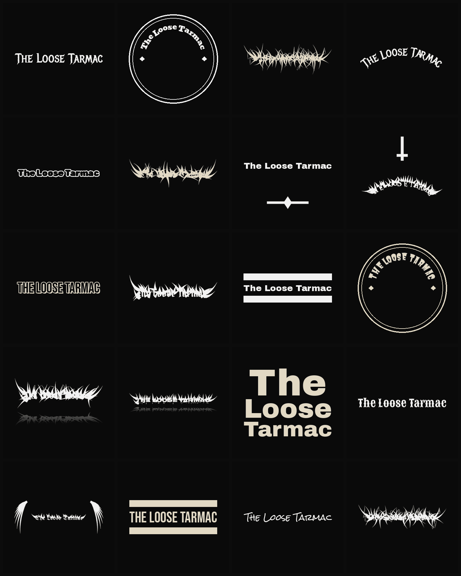 Twenty The Loose Tarmac band logo ideas — different faces, treatments and spike settings