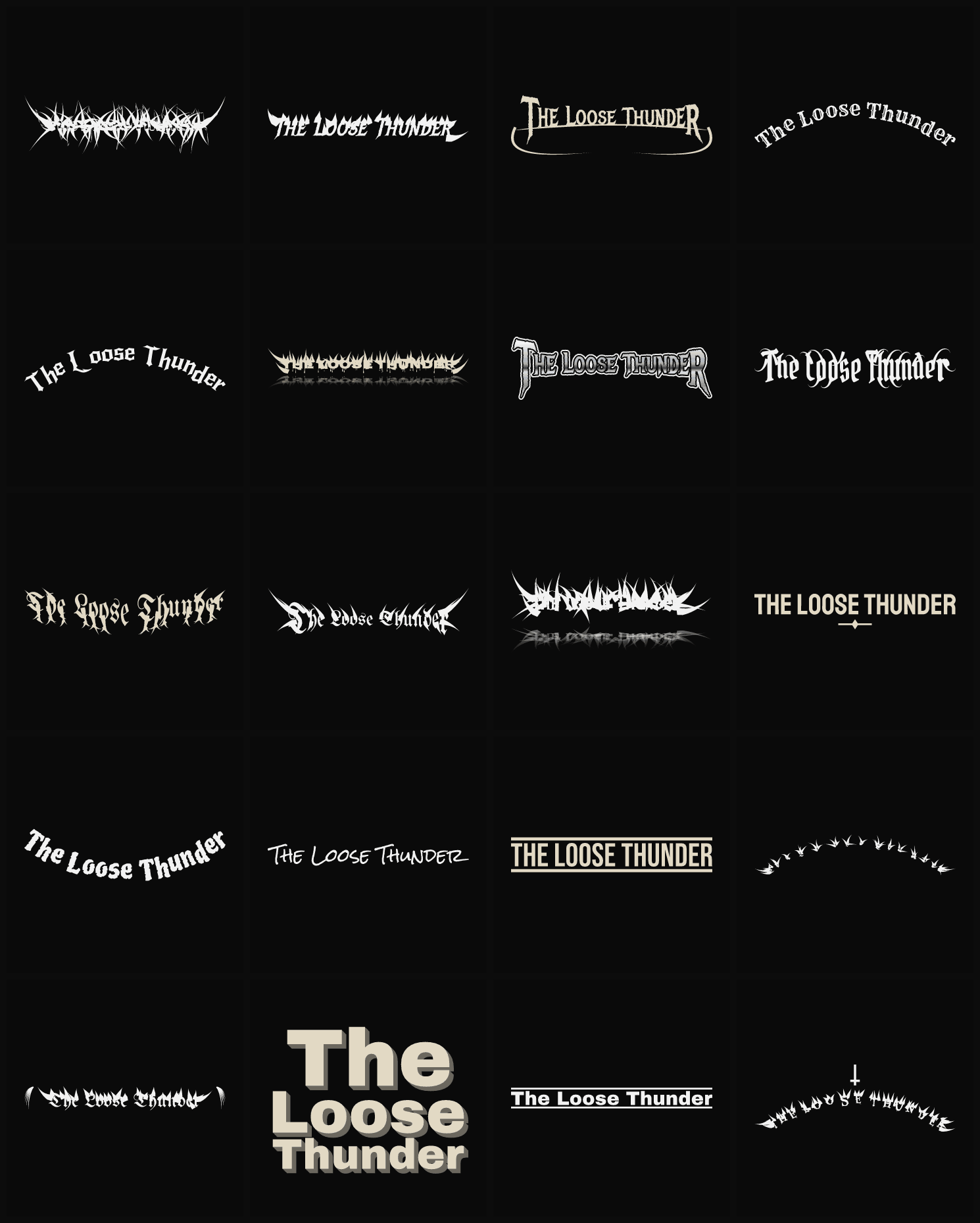Twenty The Loose Thunder band logo ideas — different faces, treatments and spike settings