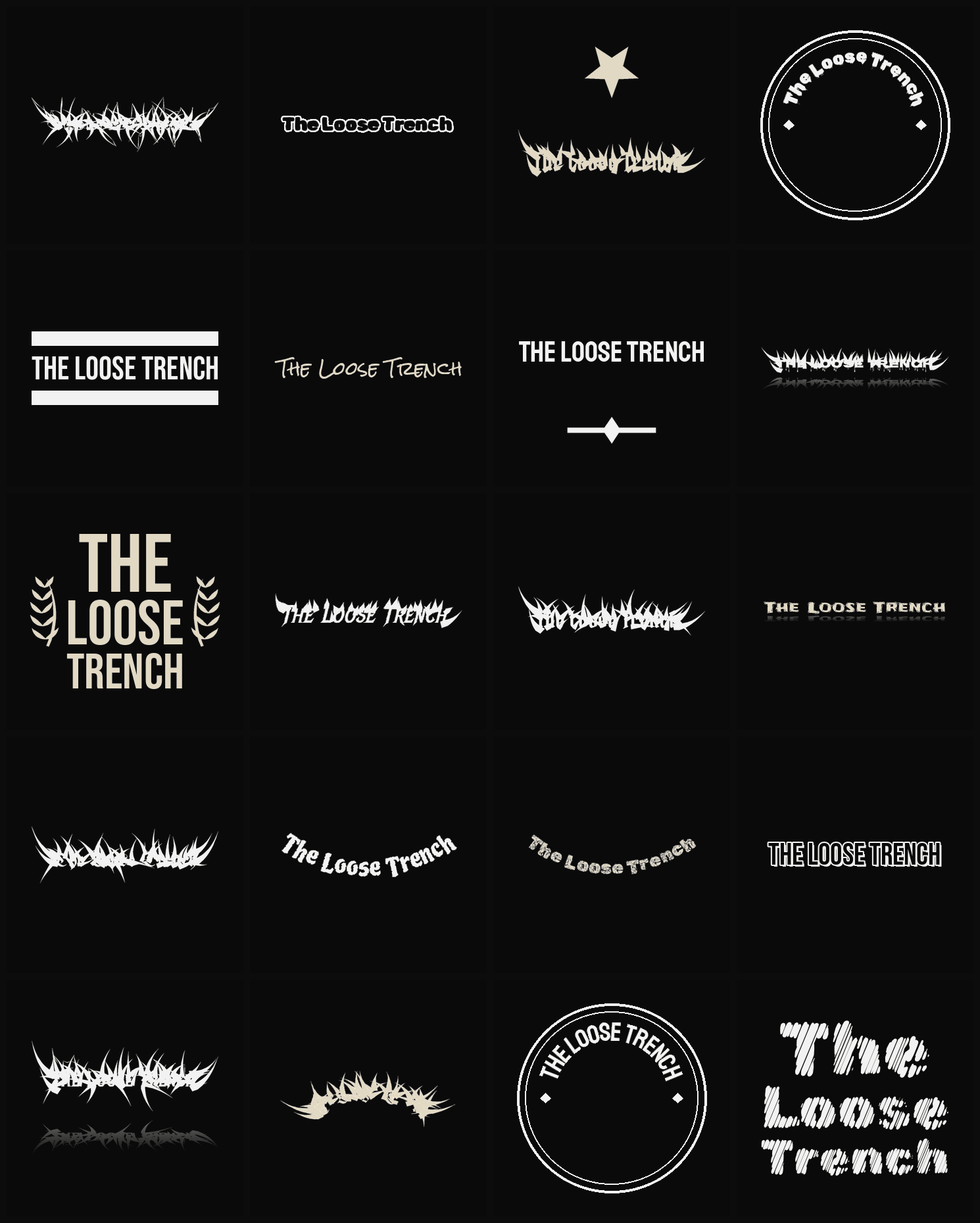 Twenty The Loose Trench band logo ideas — different faces, treatments and spike settings