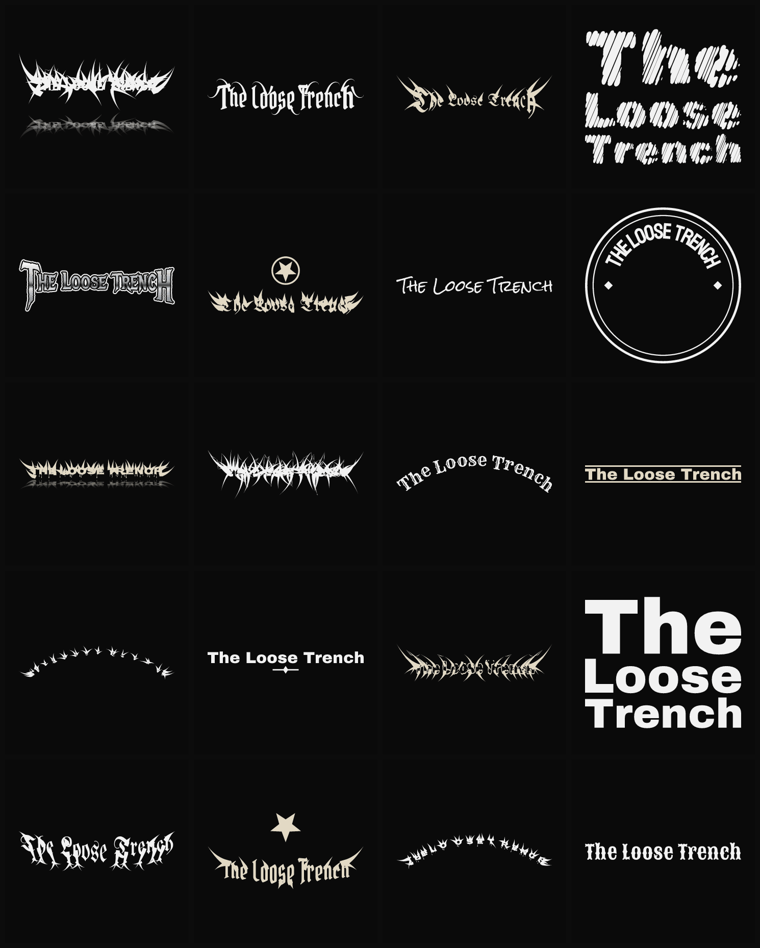Twenty The Loose Trench band logo ideas — different faces, treatments and spike settings