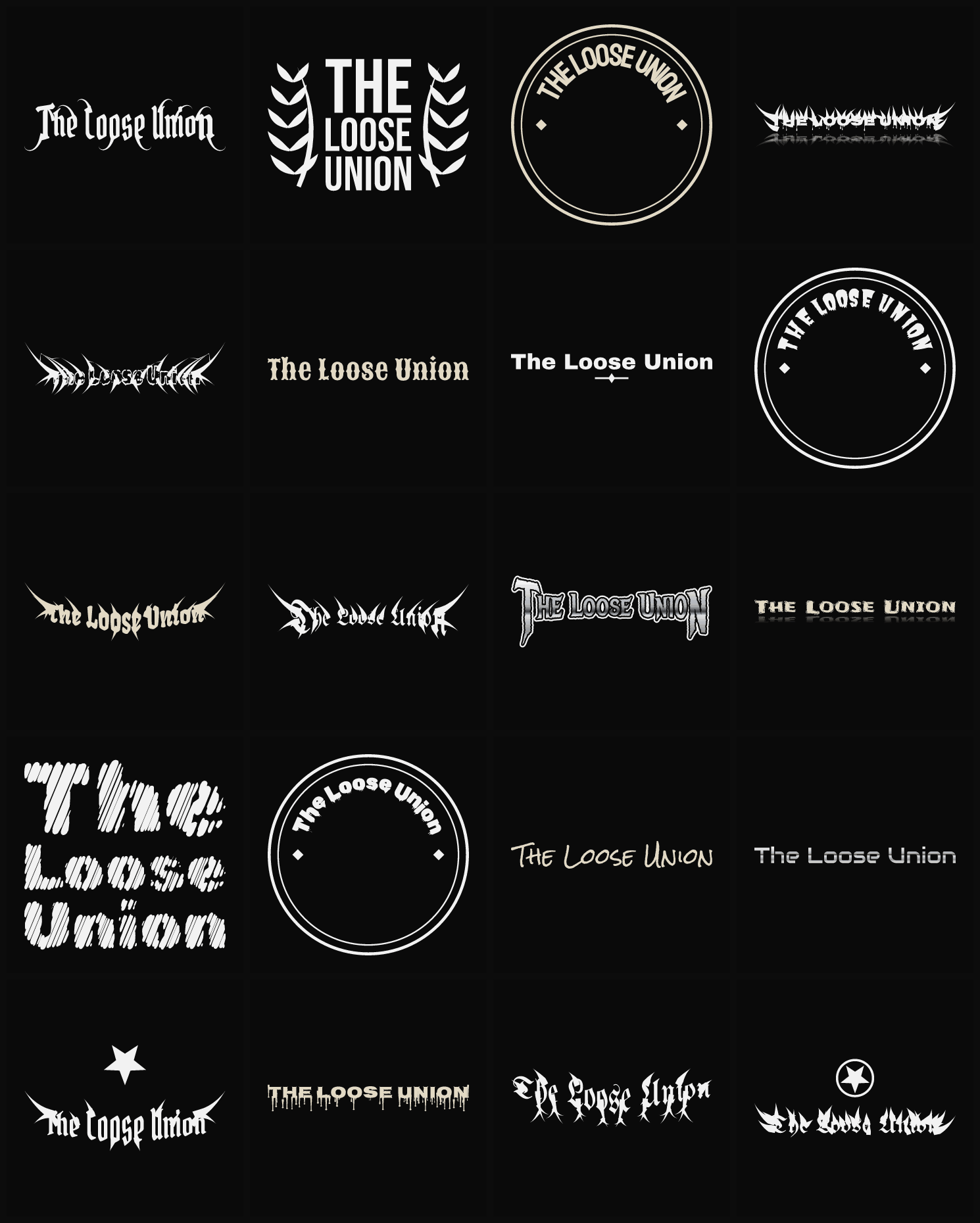 Twenty The Loose Union band logo ideas — different faces, treatments and spike settings