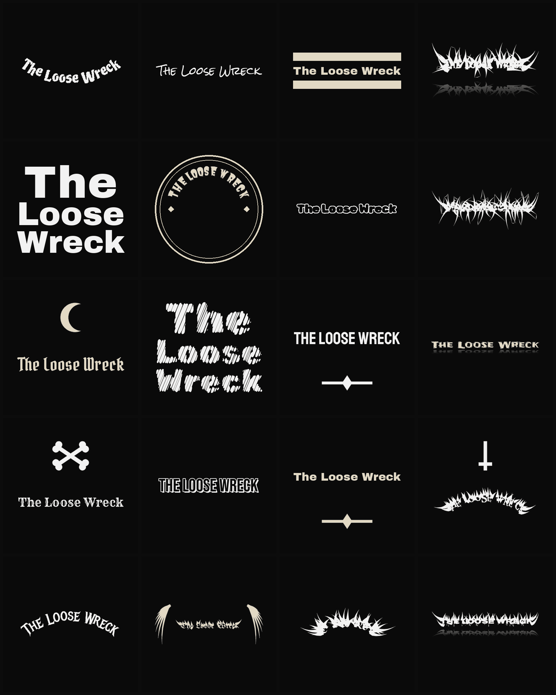 Twenty The Loose Wreck band logo ideas — different faces, treatments and spike settings