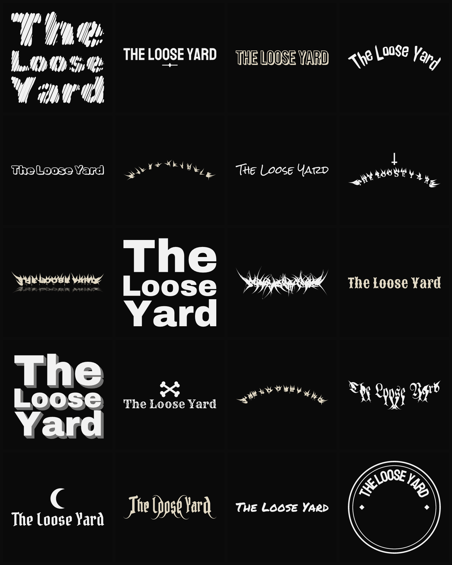 Twenty The Loose Yard band logo ideas — different faces, treatments and spike settings