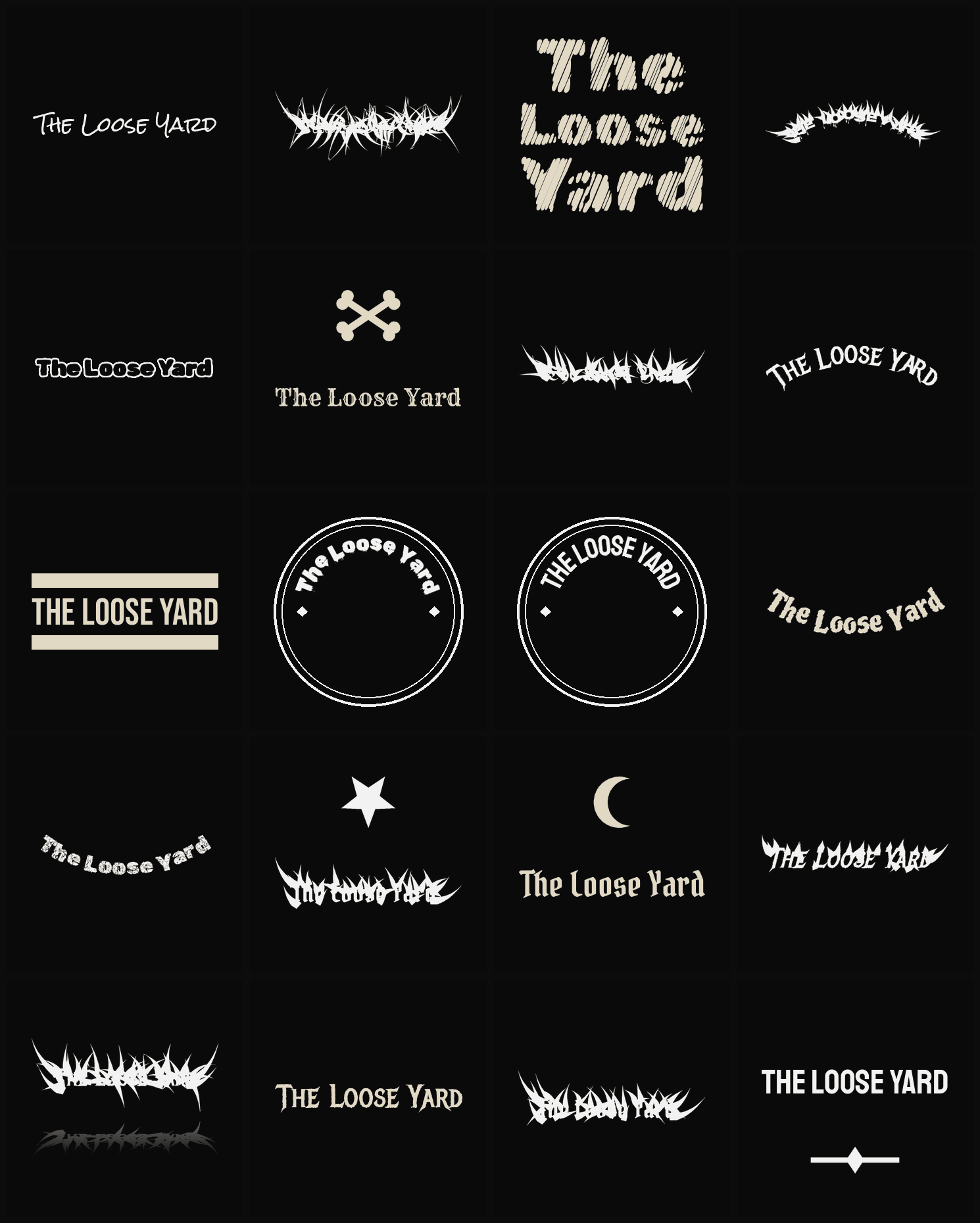 Twenty The Loose Yard band logo ideas — different faces, treatments and spike settings