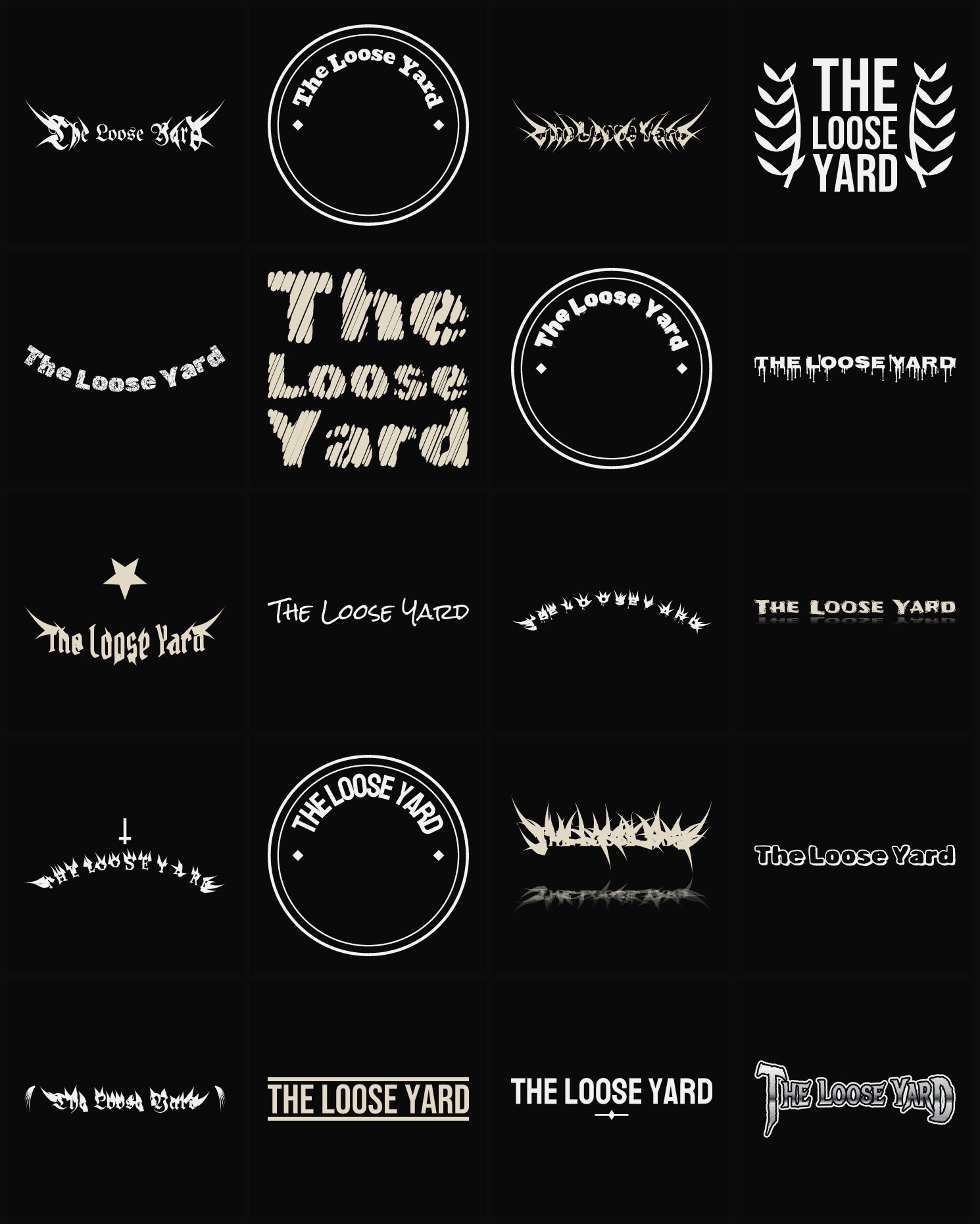 Twenty The Loose Yard band logo ideas — different faces, treatments and spike settings