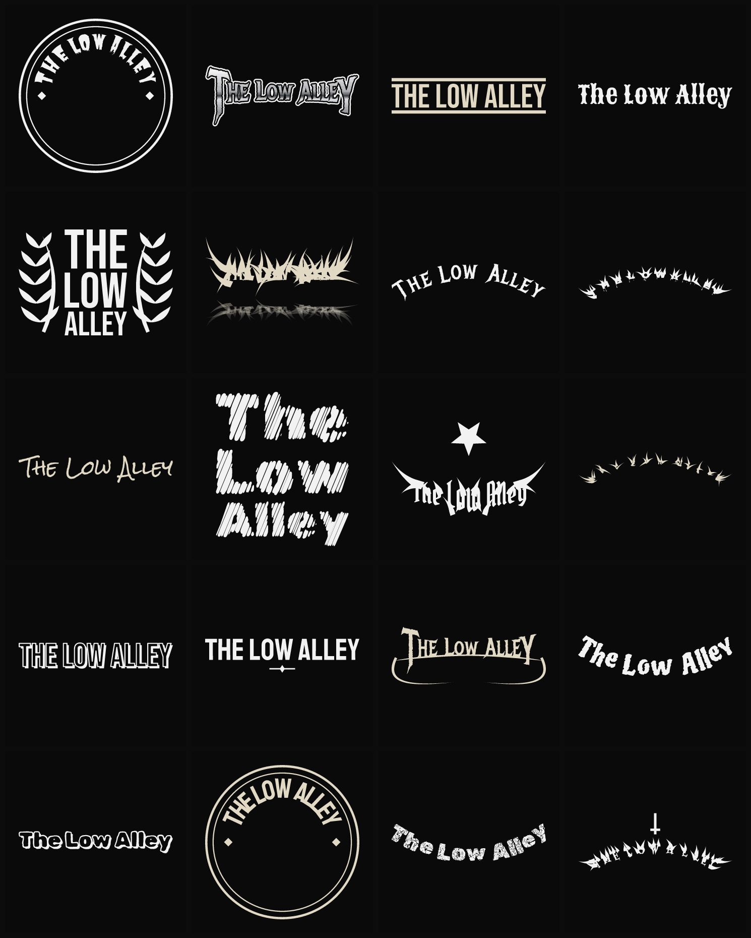 Twenty The Low Alley band logo ideas — different faces, treatments and spike settings