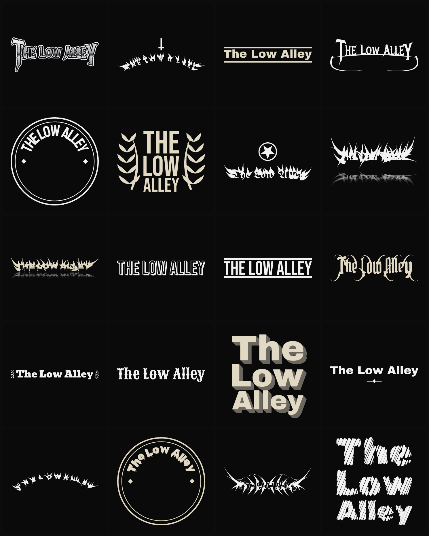 Twenty The Low Alley band logo ideas — different faces, treatments and spike settings