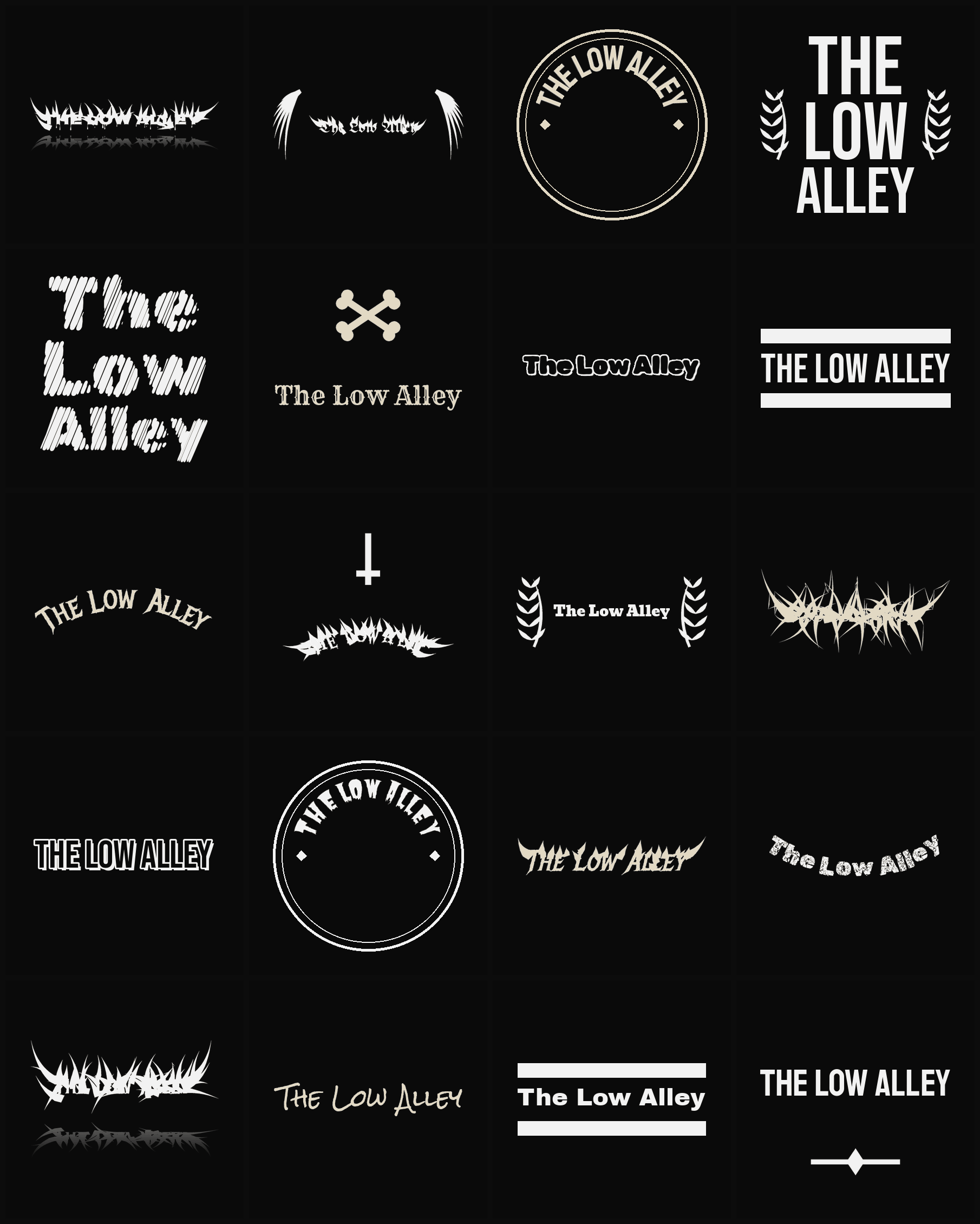 Twenty The Low Alley band logo ideas — different faces, treatments and spike settings