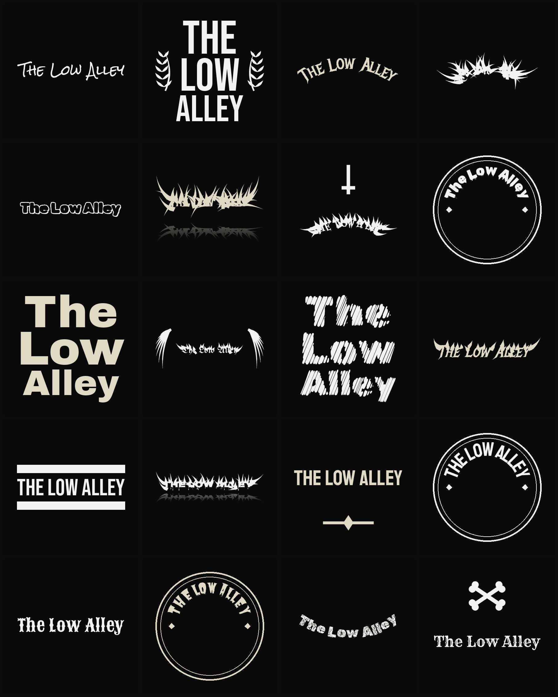 Twenty The Low Alley band logo ideas — different faces, treatments and spike settings