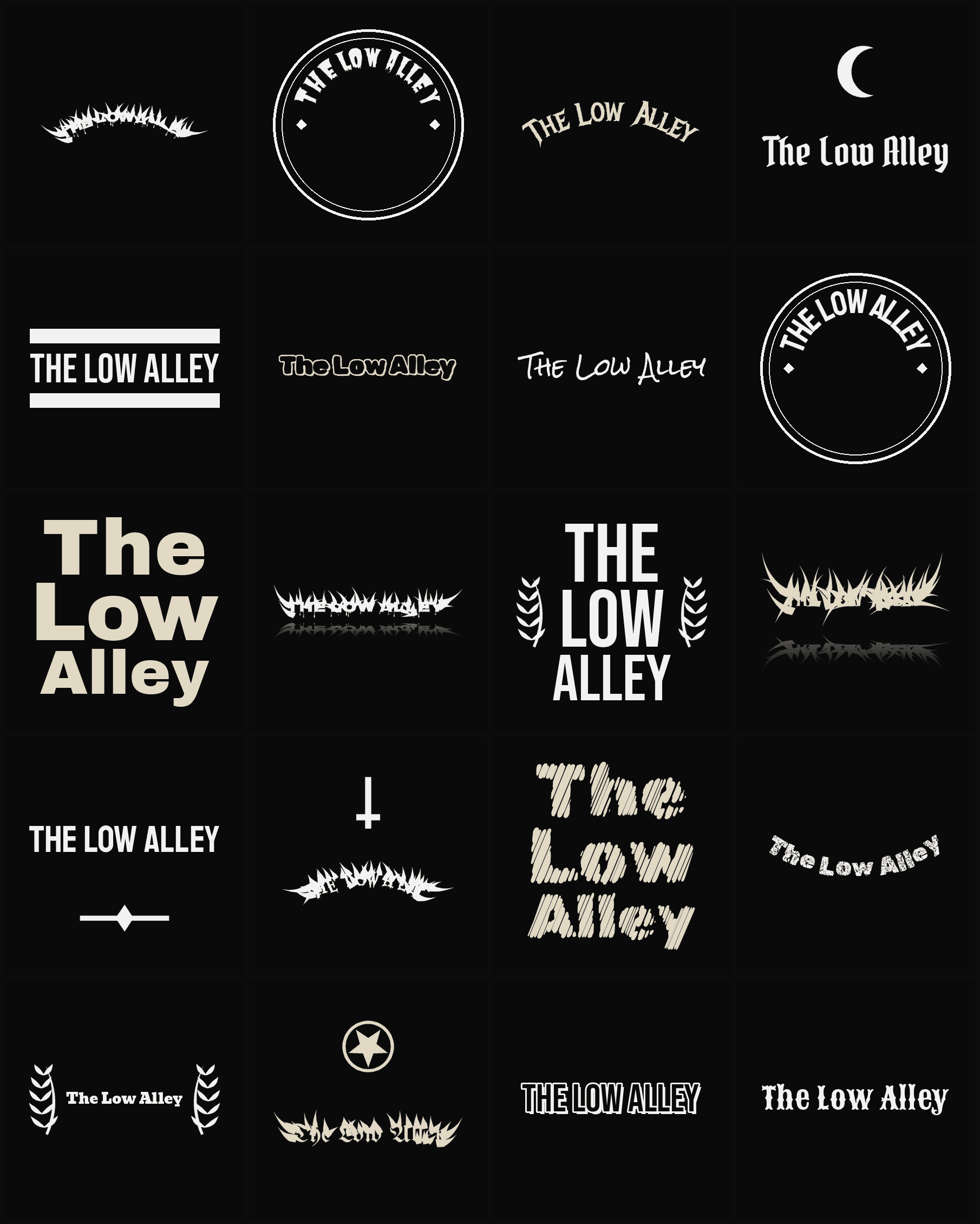 Twenty The Low Alley band logo ideas — different faces, treatments and spike settings
